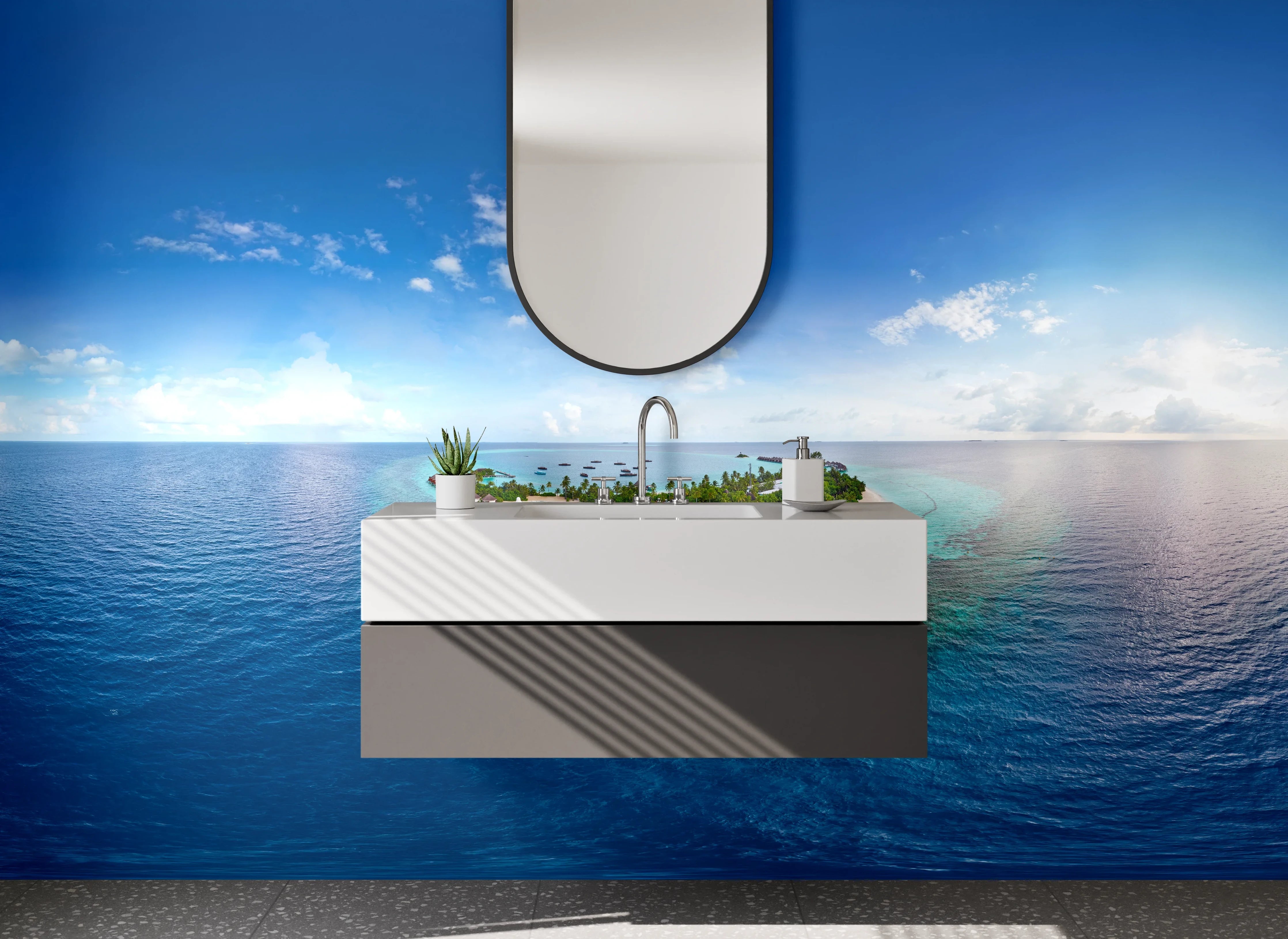 Waschbecken-Rückwand - Paradiesinsel mit klarem Wasser und blauer Himmel