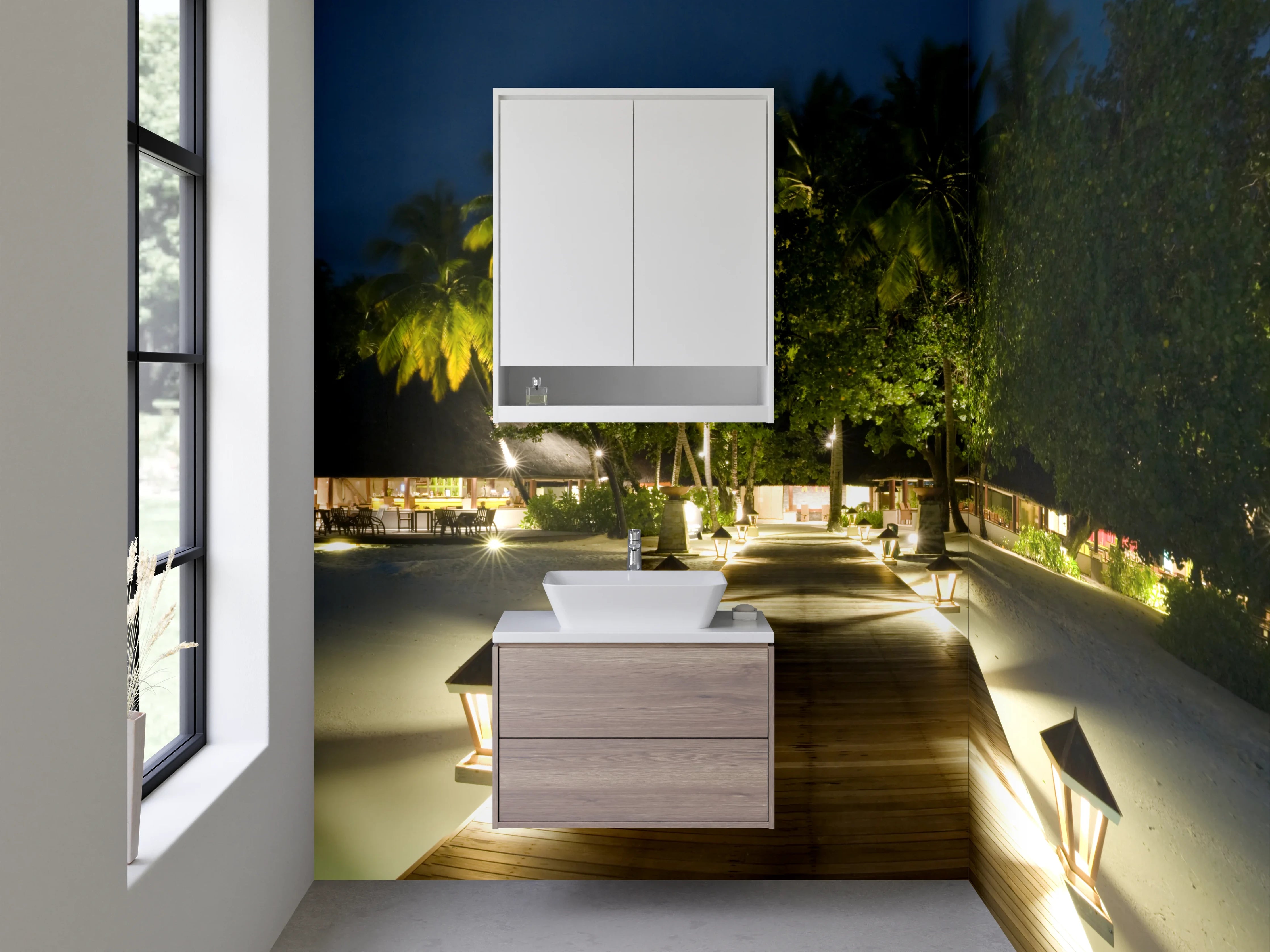 Waschbecken-Rückwand - Paradiesische Insel bei Nacht