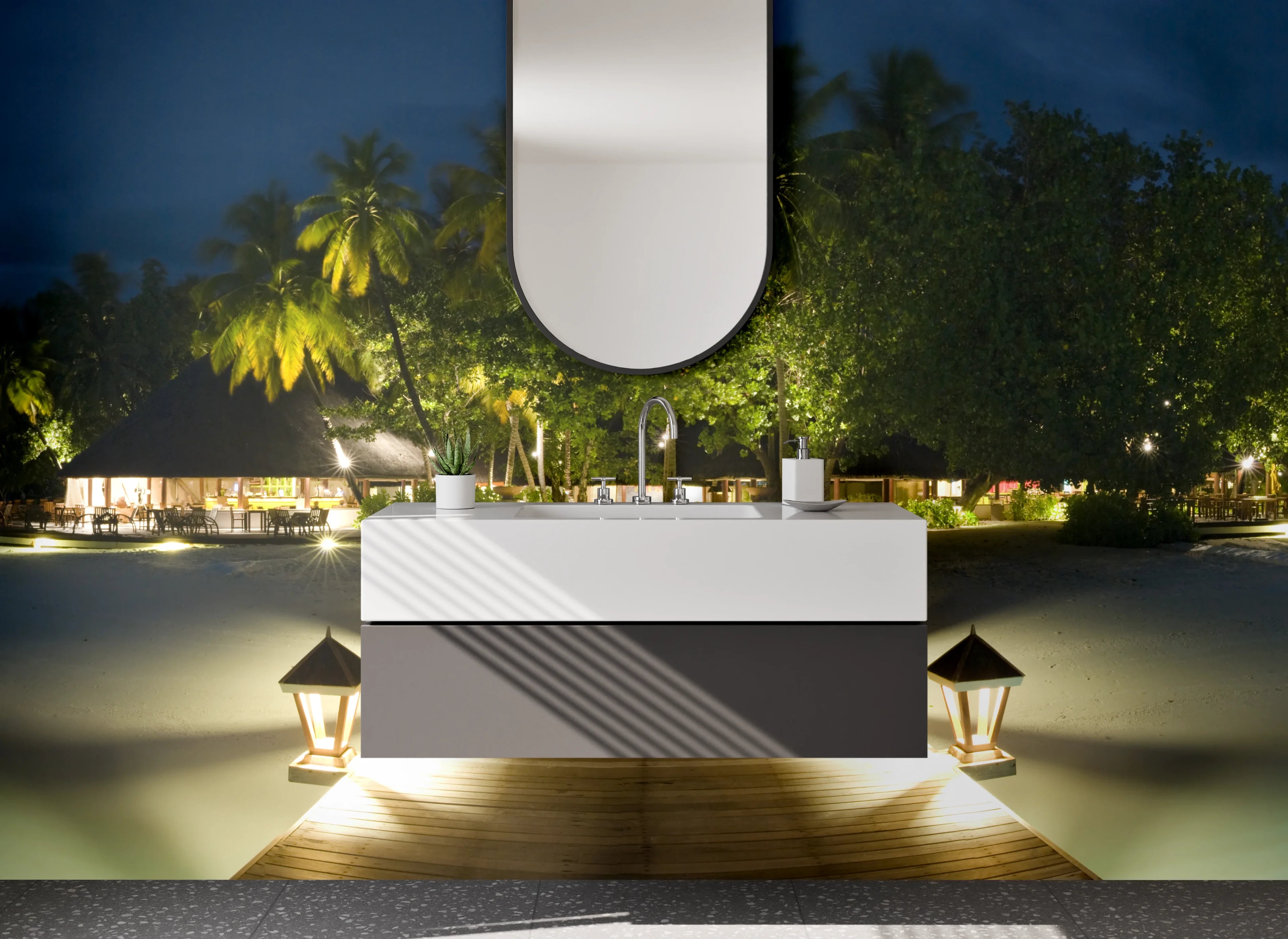 Waschbecken-Rückwand - Paradiesische Insel bei Nacht