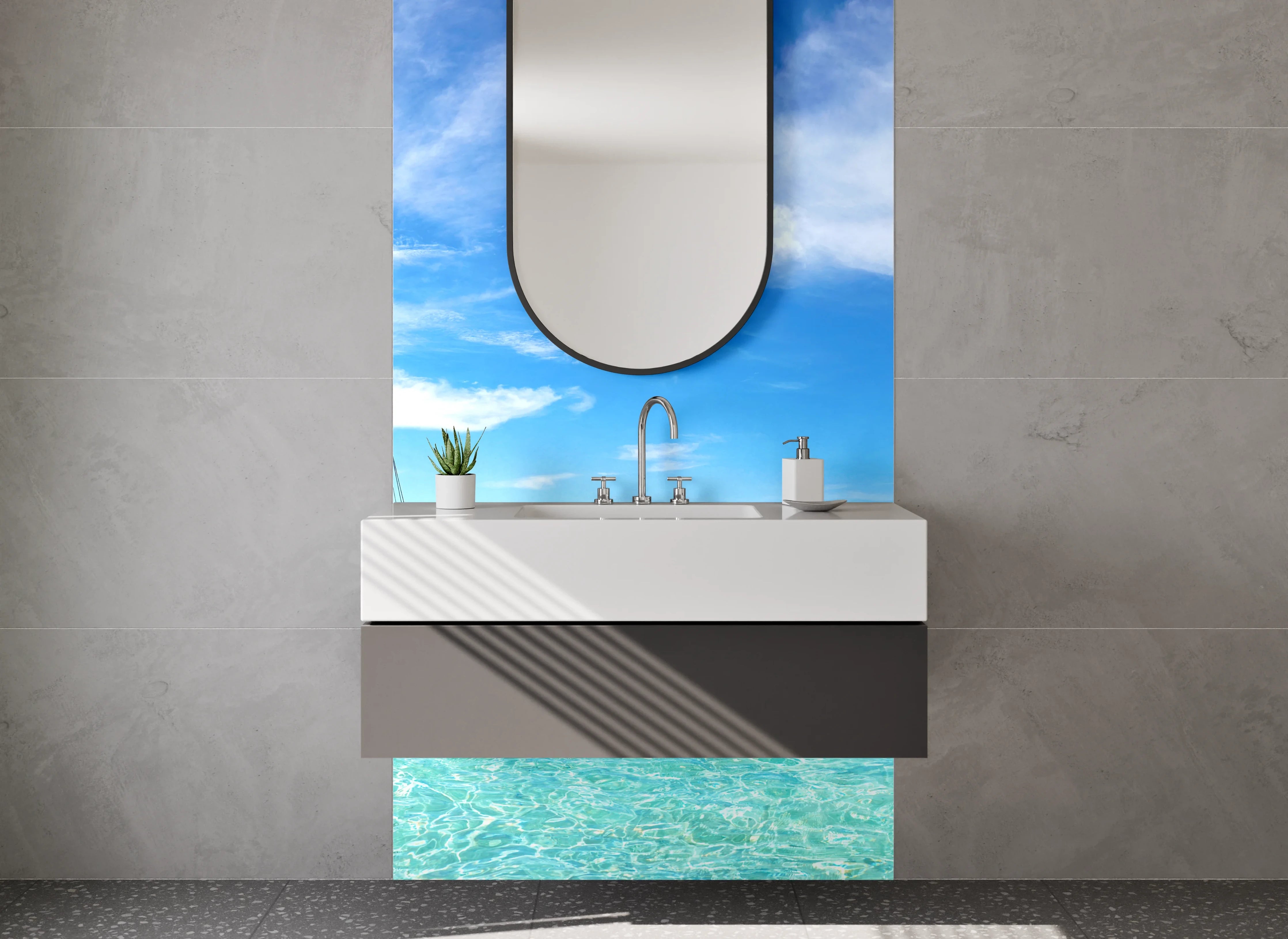 Waschbecken-Rückwand - Paradiesische Lagune mit Boot – Fotomotiv