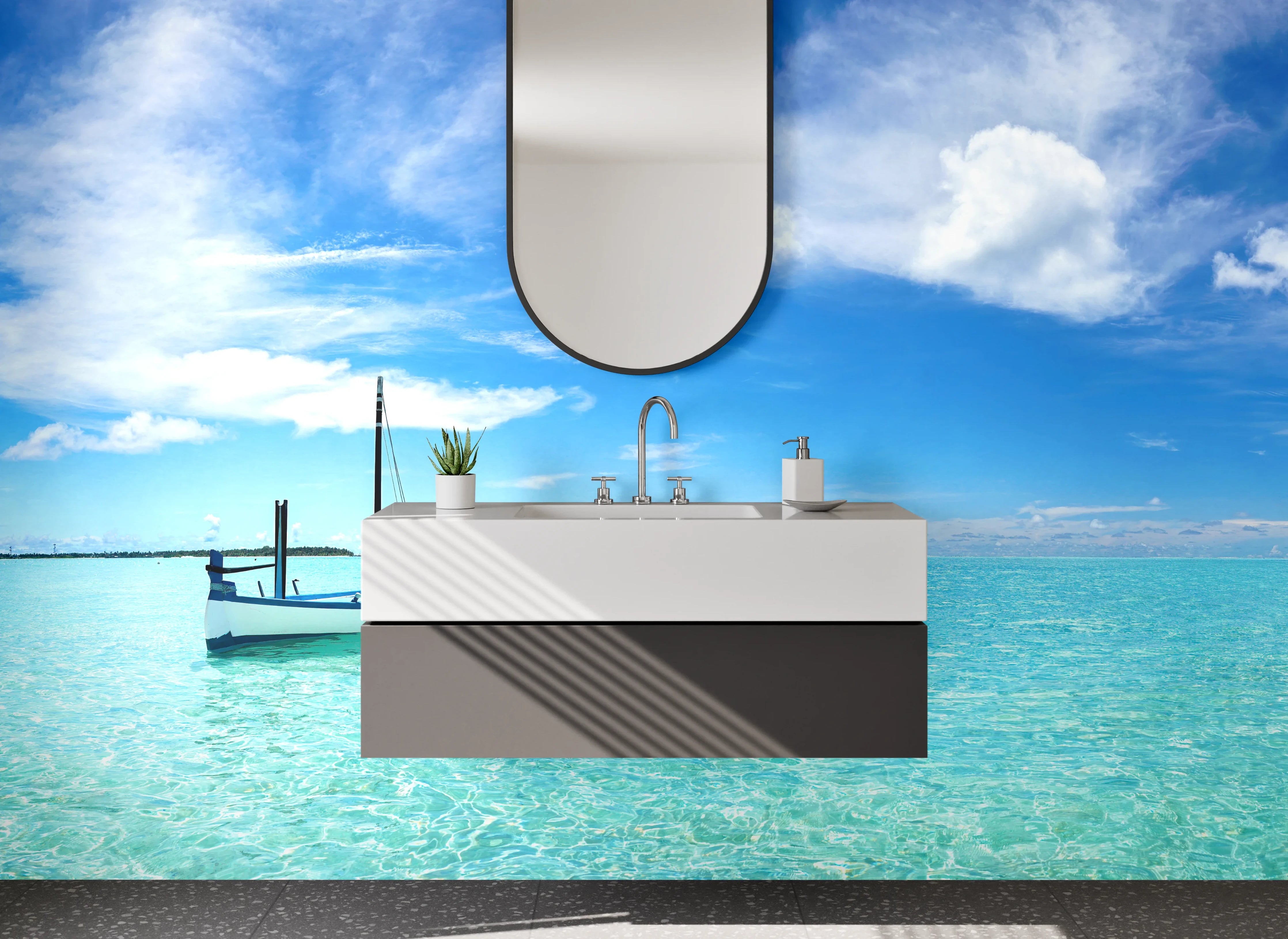 Waschbecken-Rückwand - Paradiesische Lagune mit Boot – Fotomotiv
