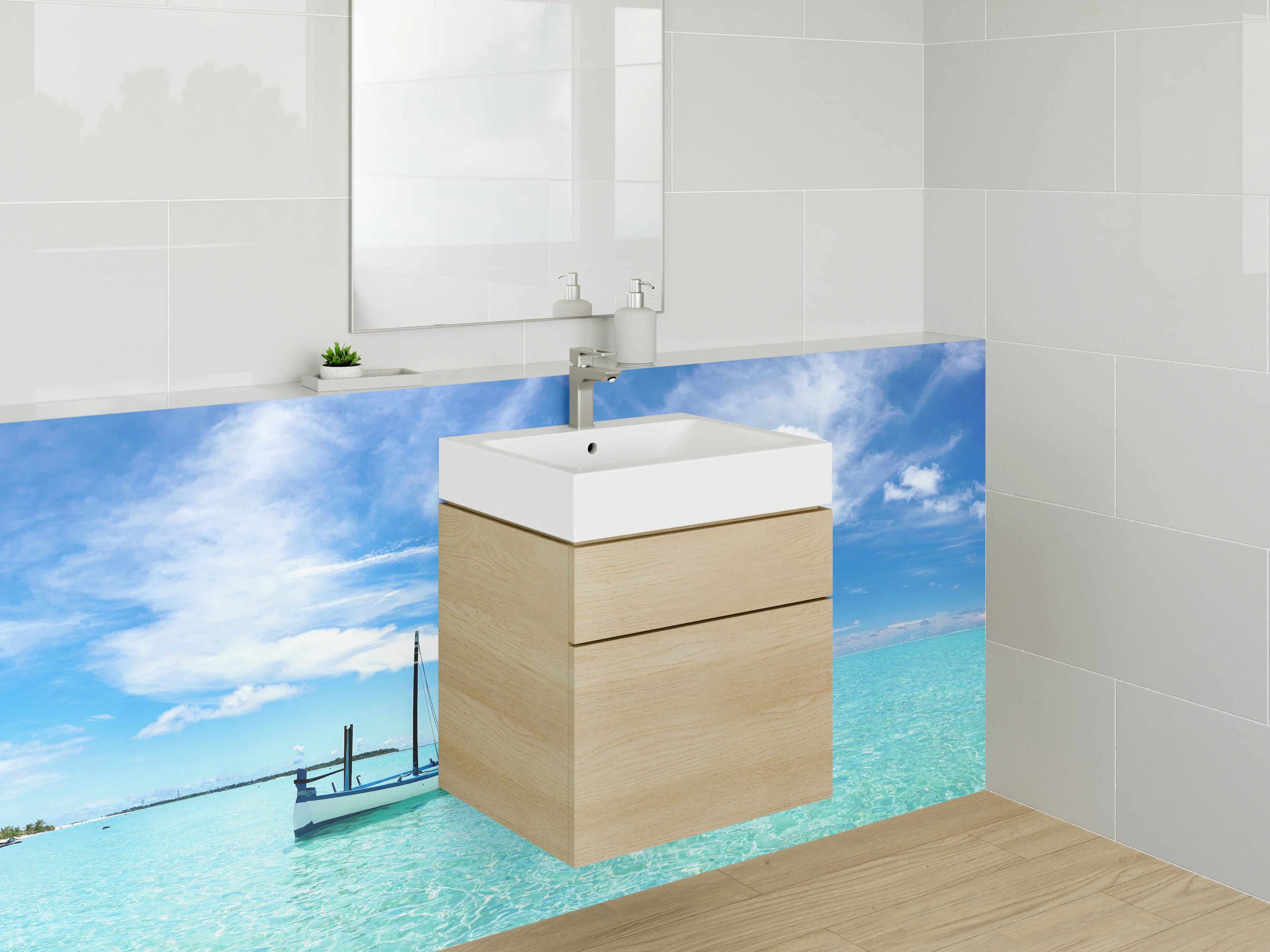 Waschbecken-Rückwand - Paradiesische Lagune mit Boot – Fotomotiv