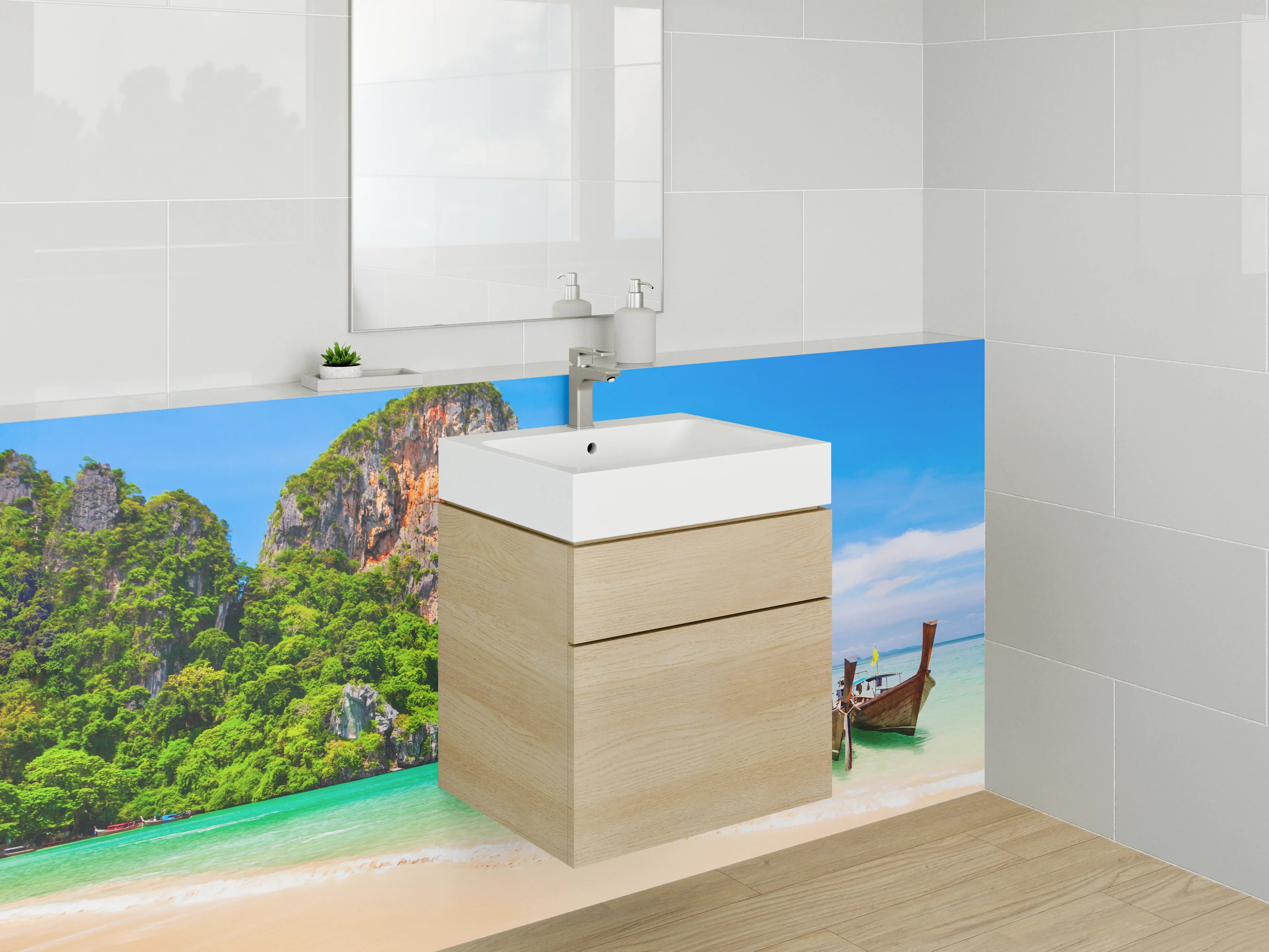 Waschbecken-Rückwand - Paradiesische Strandlandschaft mit Booten