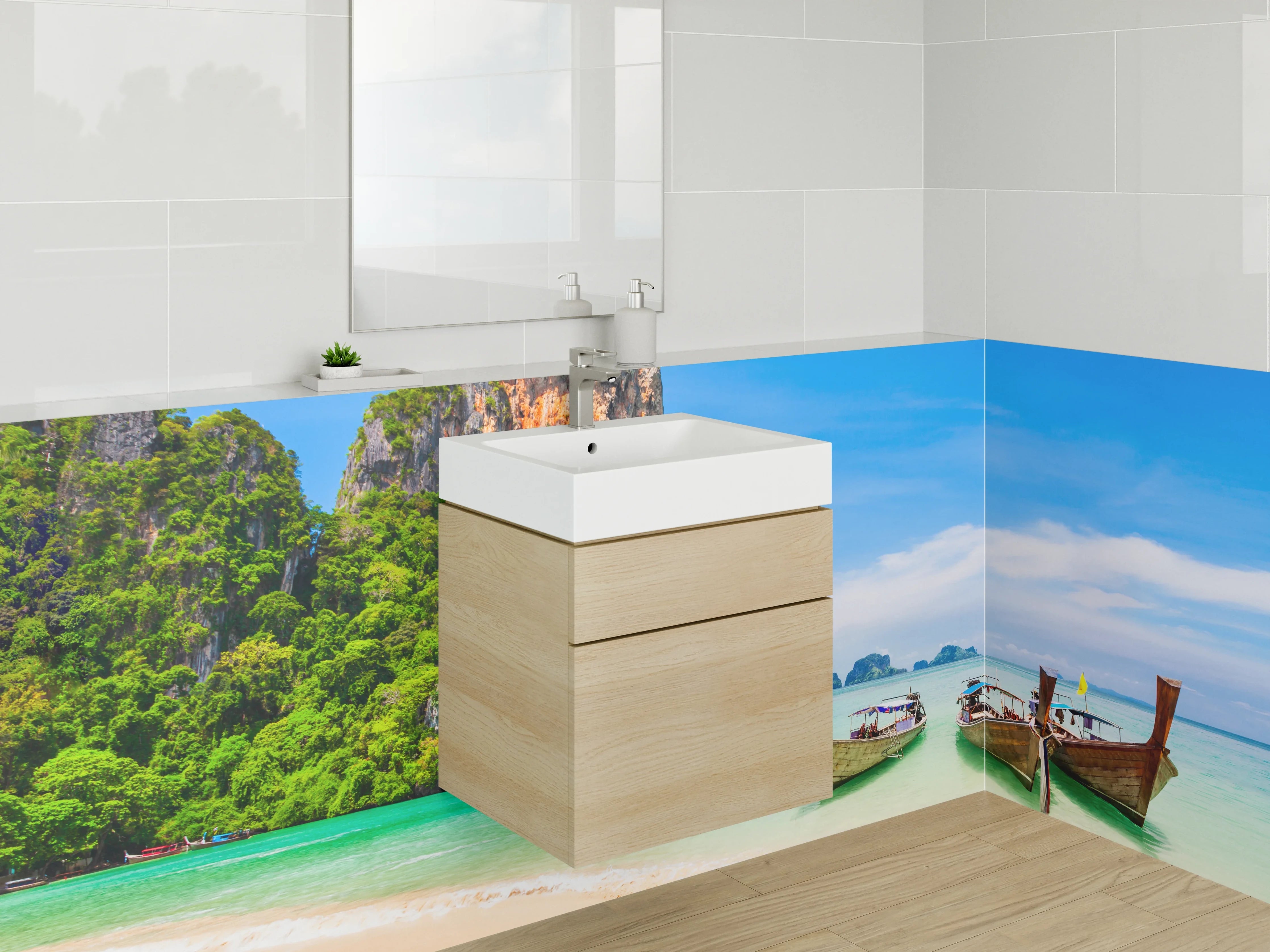 Waschbecken-Rückwand - Paradiesische Strandlandschaft mit Booten