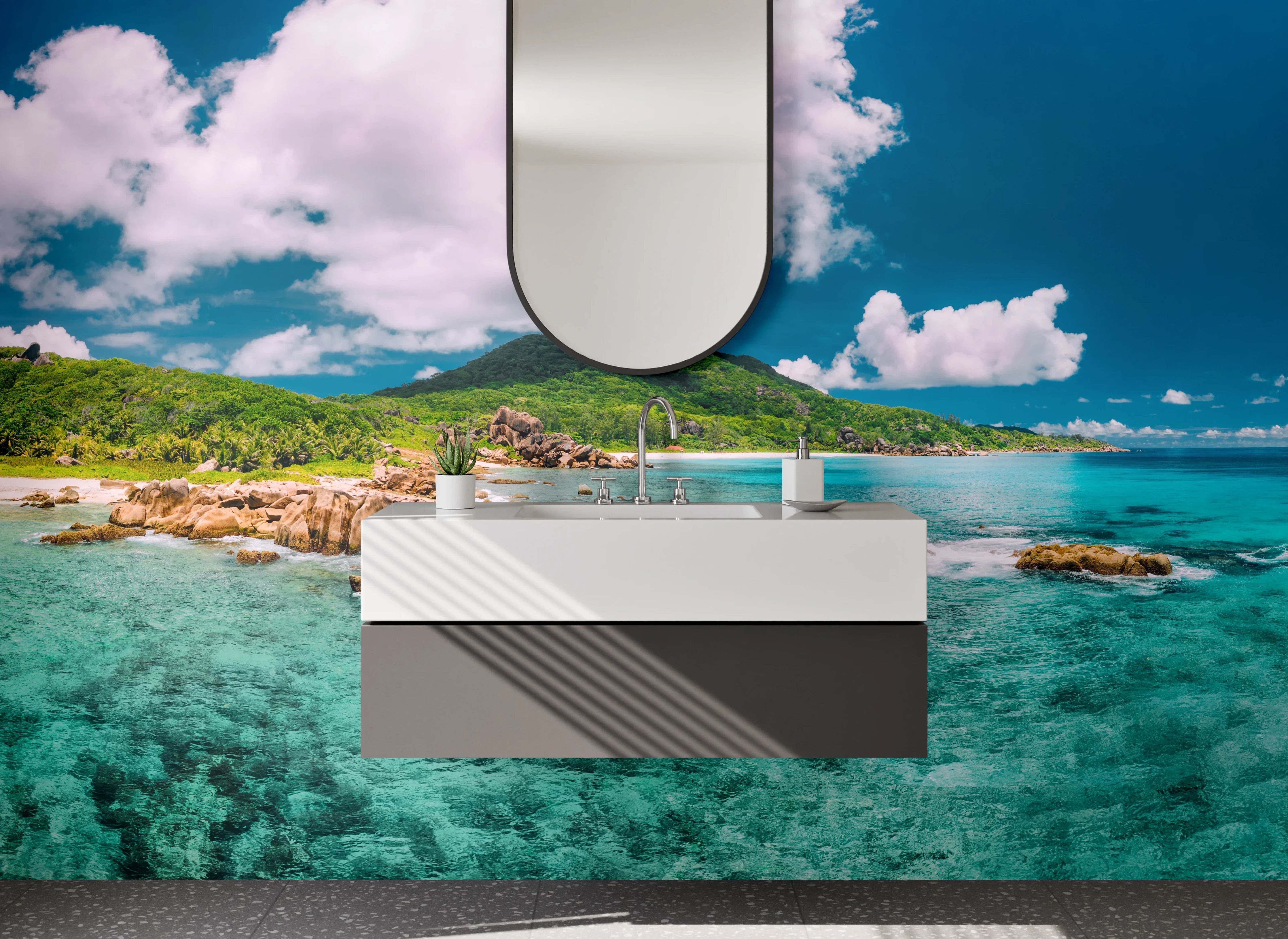 Waschbecken-Rückwand - Paradiesische Strandlandschaft türkisblau