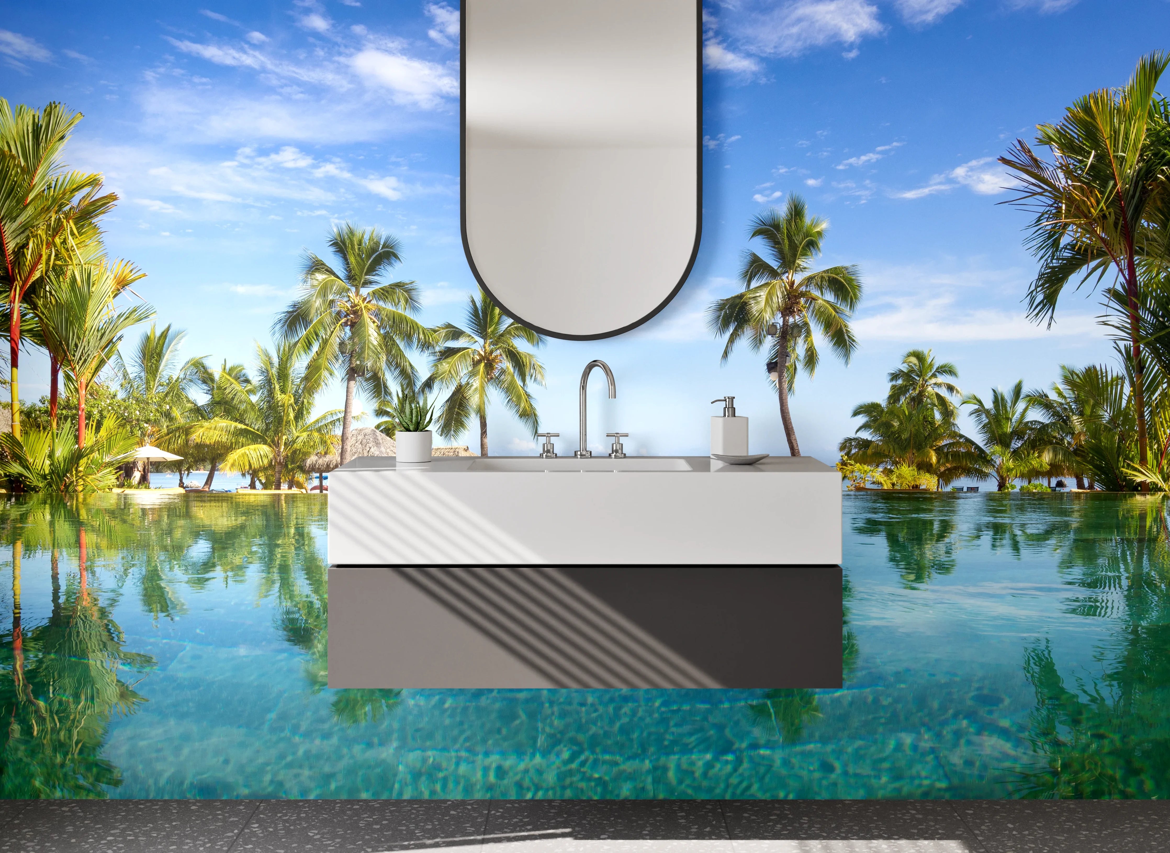 Waschbecken-Rückwand - Paradiesischer Pool mit Palmen am Strand