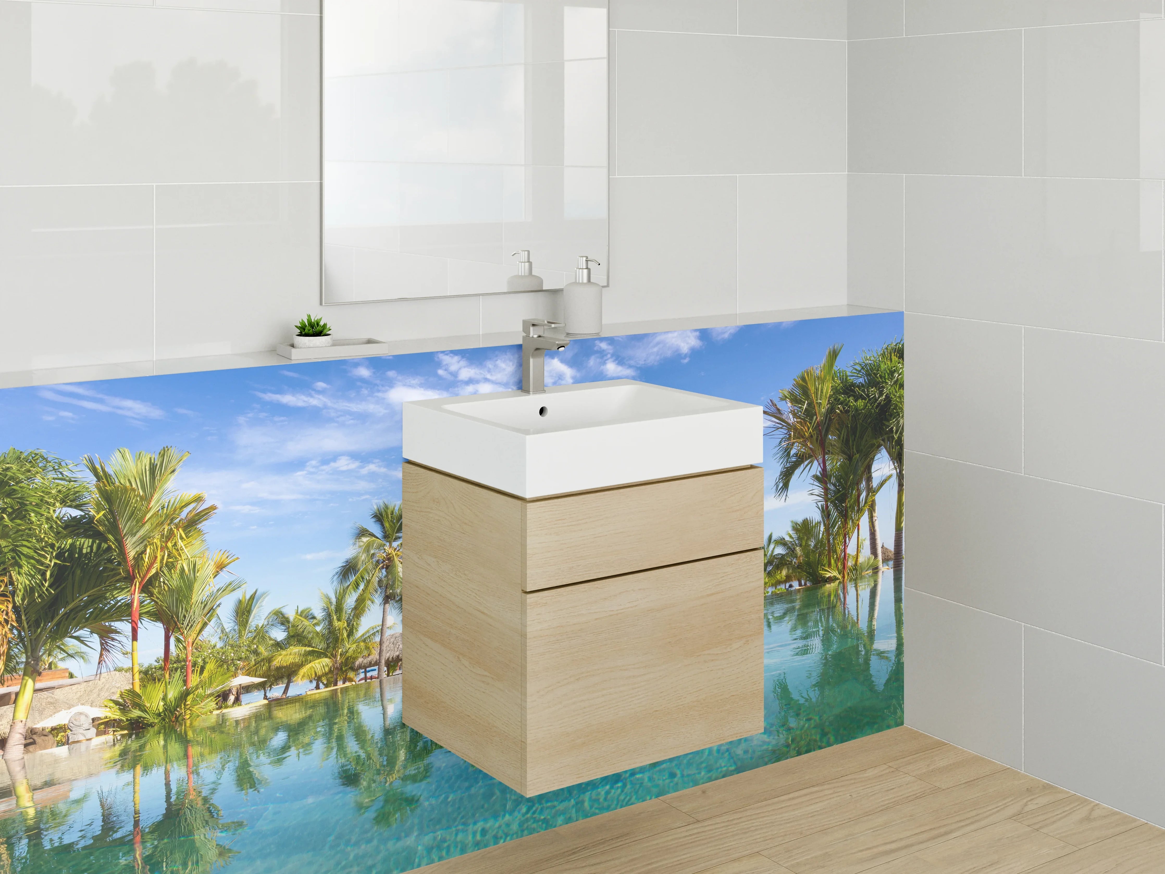 Waschbecken-Rückwand - Paradiesischer Pool mit Palmen am Strand