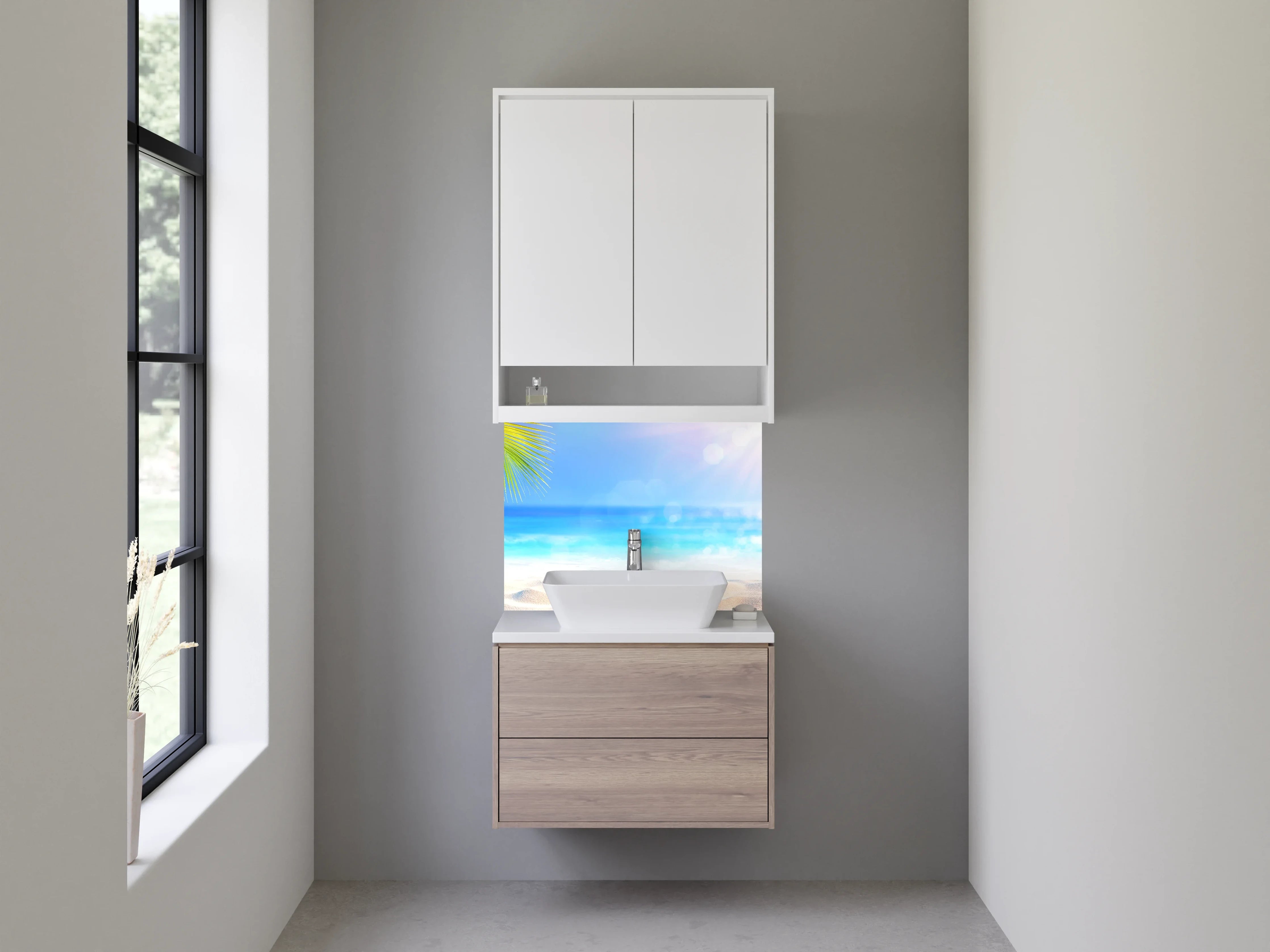 Waschbecken-Rückwand - Paradiesischer Strand mit Palmen und Sonne