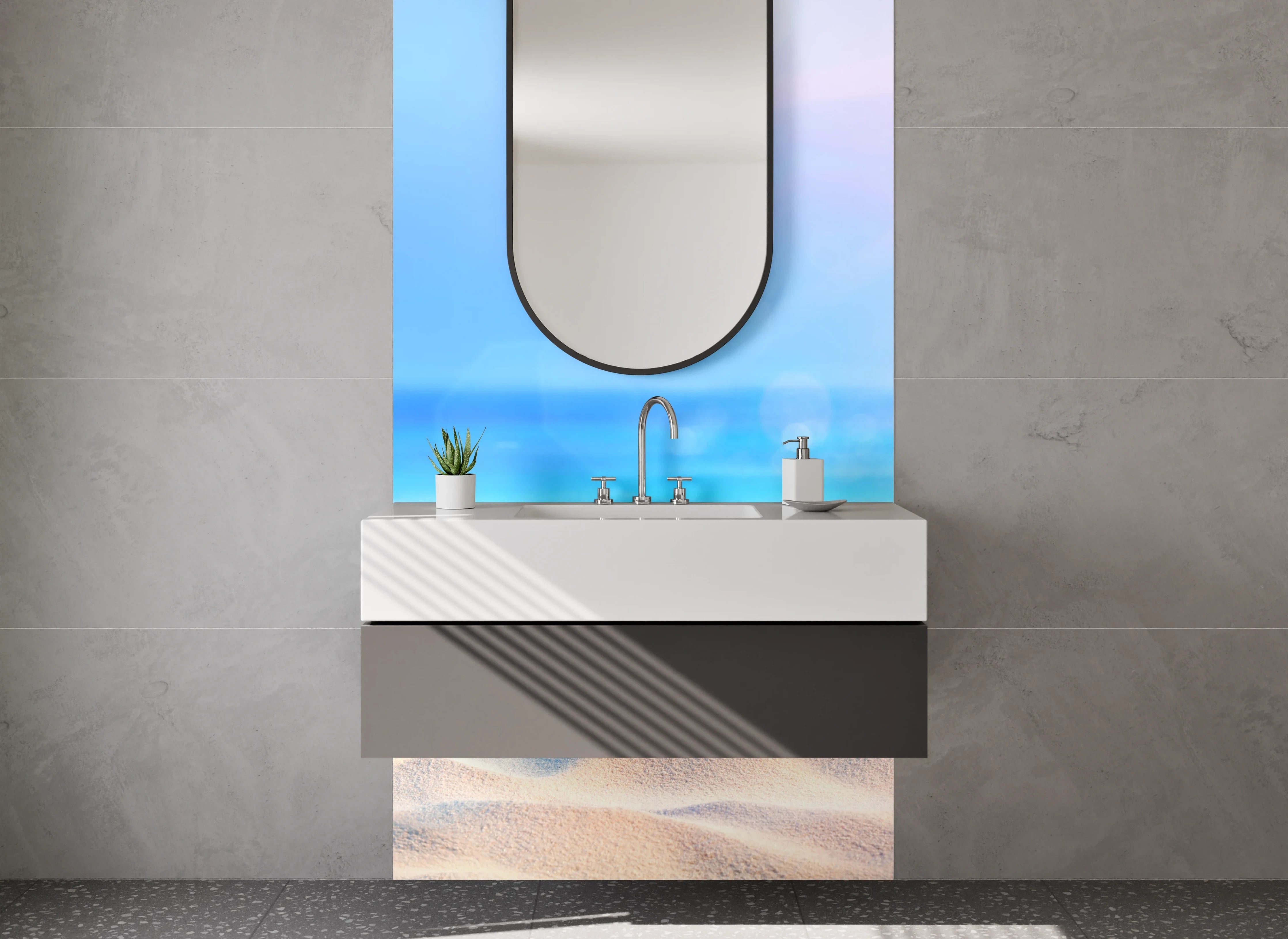 Waschbecken-Rückwand - Paradiesischer Strand mit Palmen und Sonne