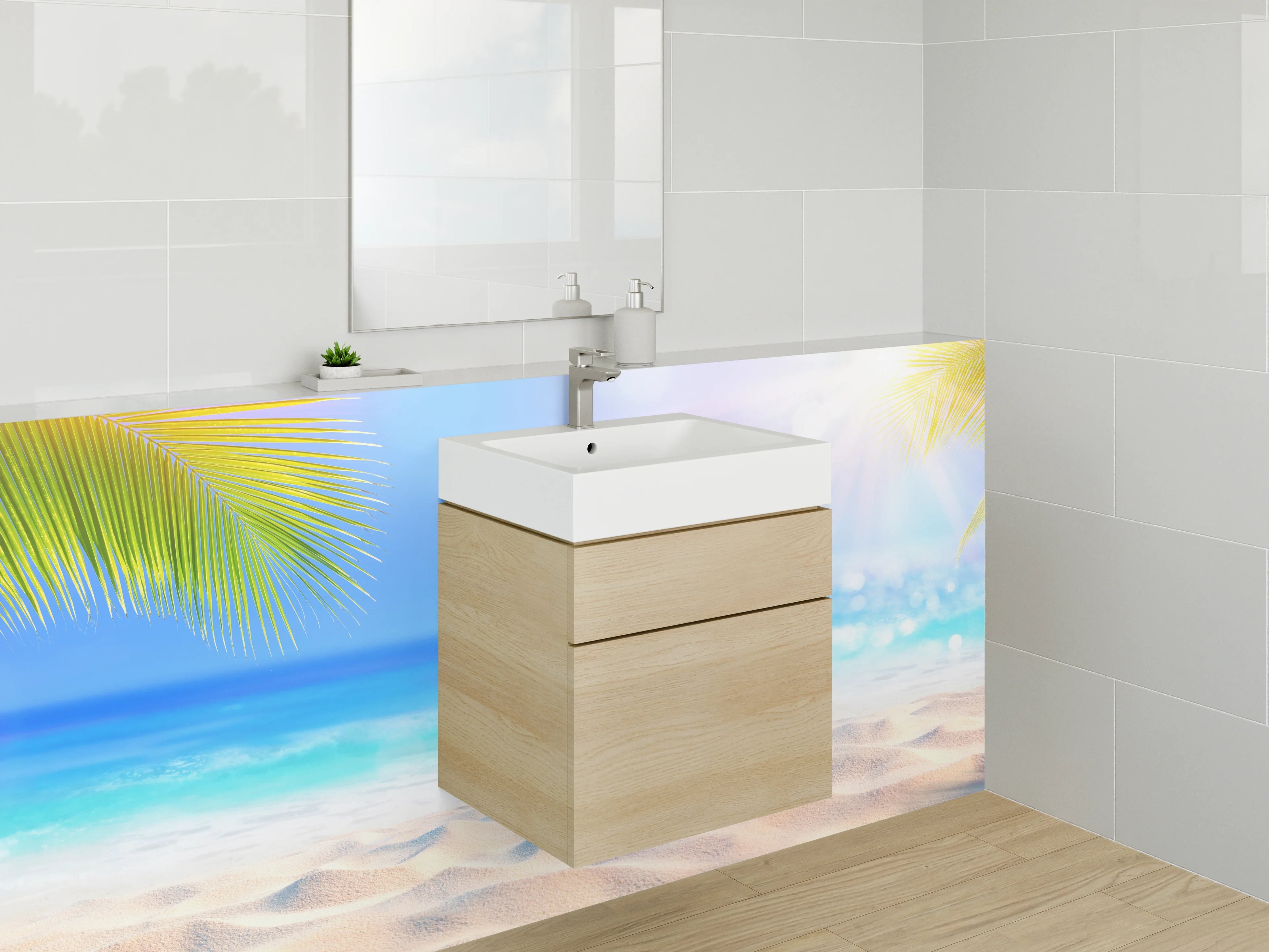 Waschbecken-Rückwand - Paradiesischer Strand mit Palmen und Sonne