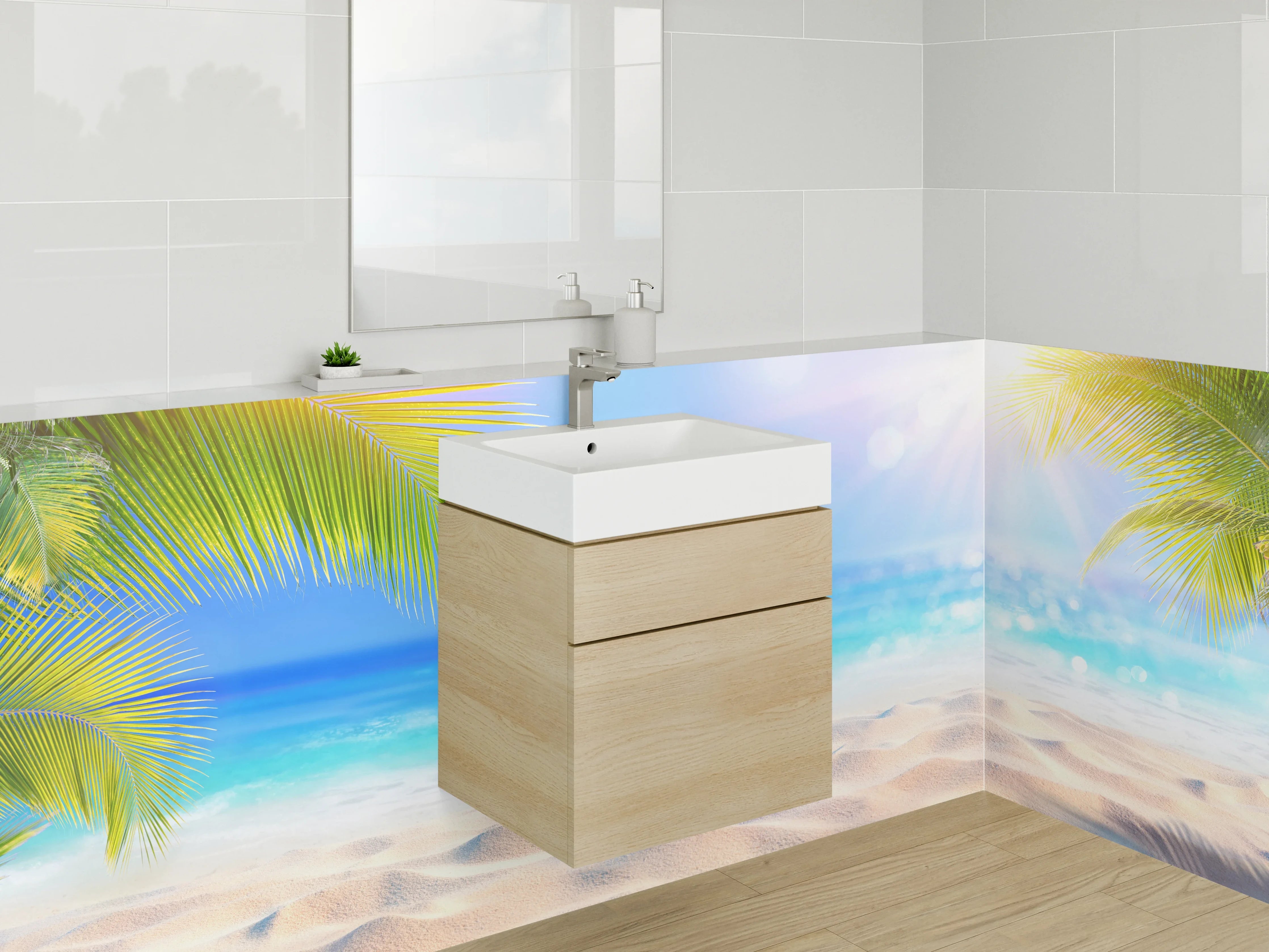 Waschbecken-Rückwand - Paradiesischer Strand mit Palmen und Sonne