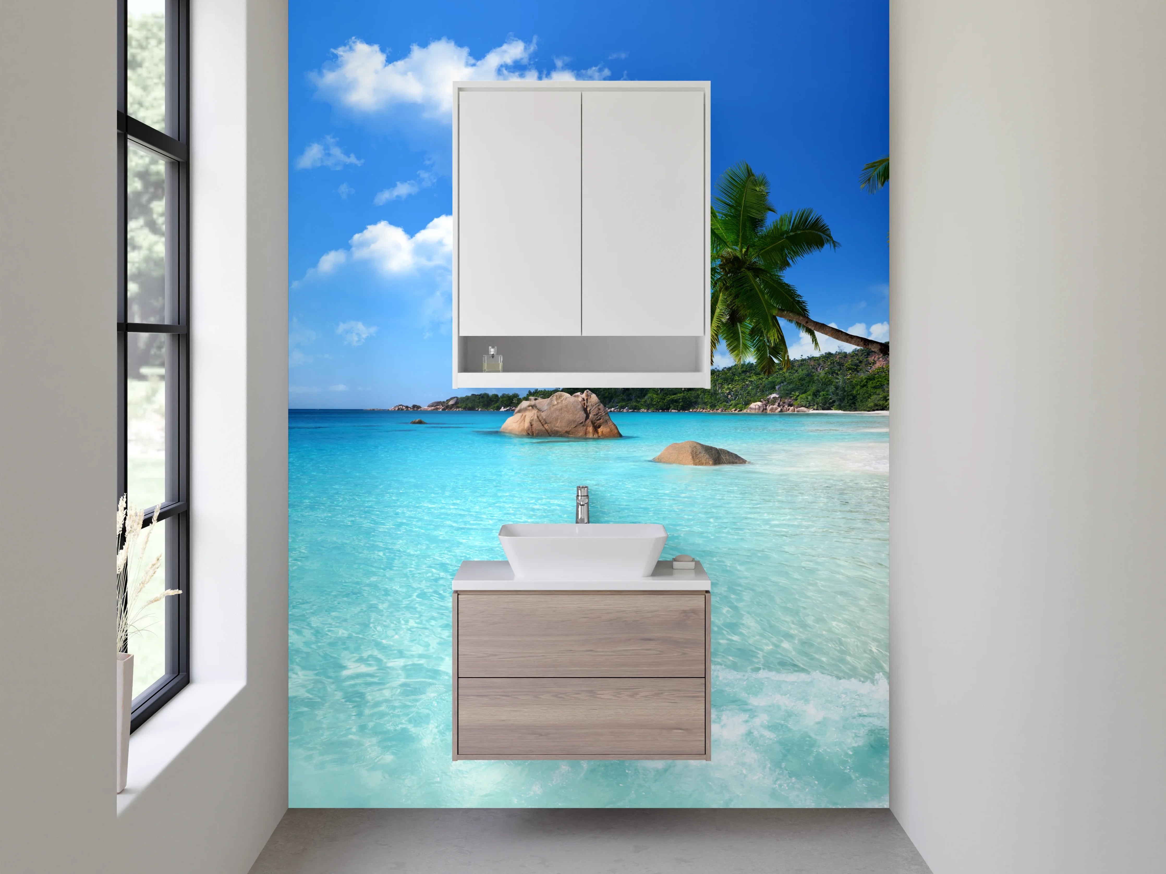 Waschbecken-Rückwand - Paradiesischer Strand mit Palmen und türkisblauem Meer