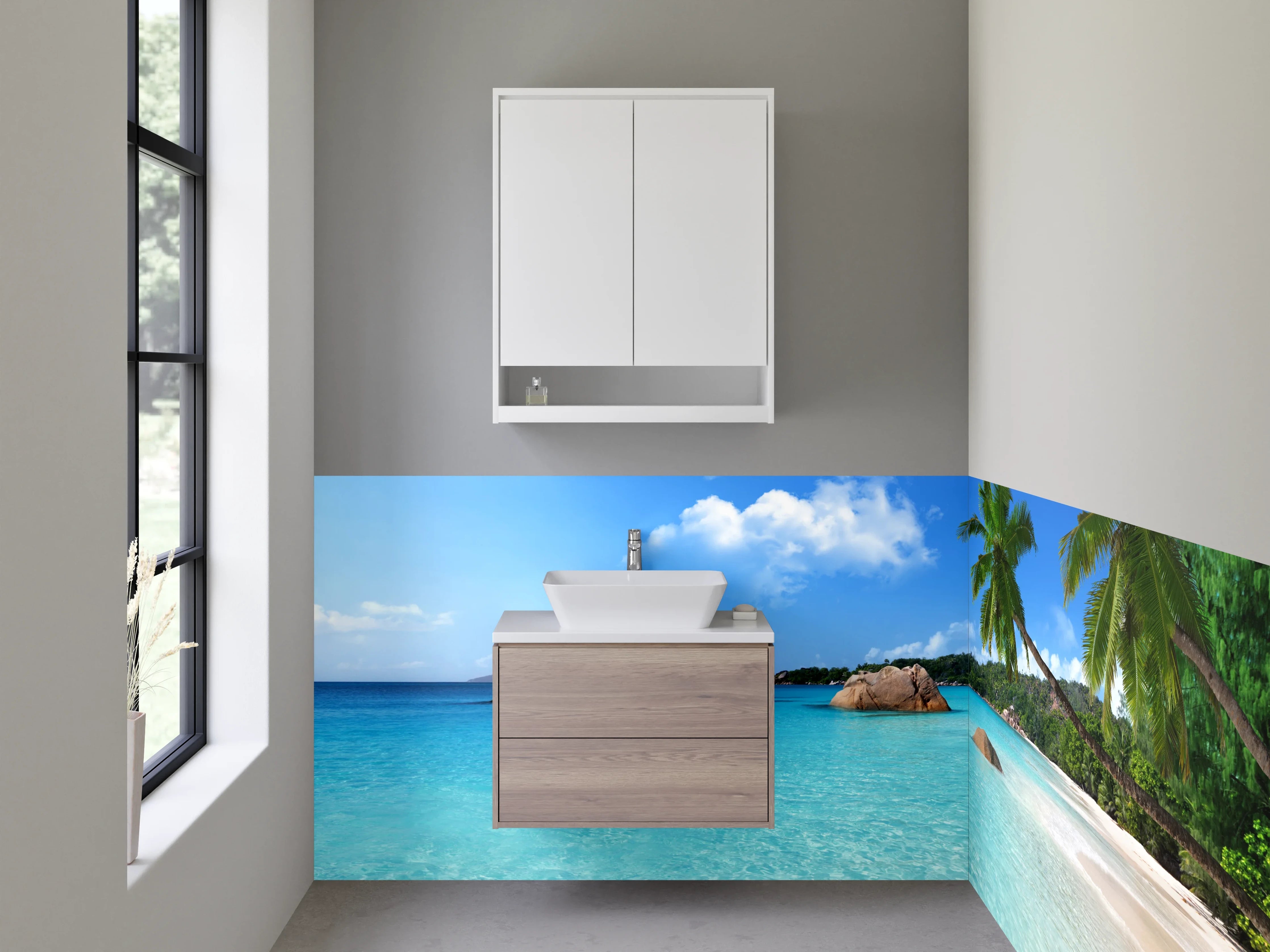 Waschbecken-Rückwand - Paradiesischer Strand mit Palmen und türkisblauem Meer