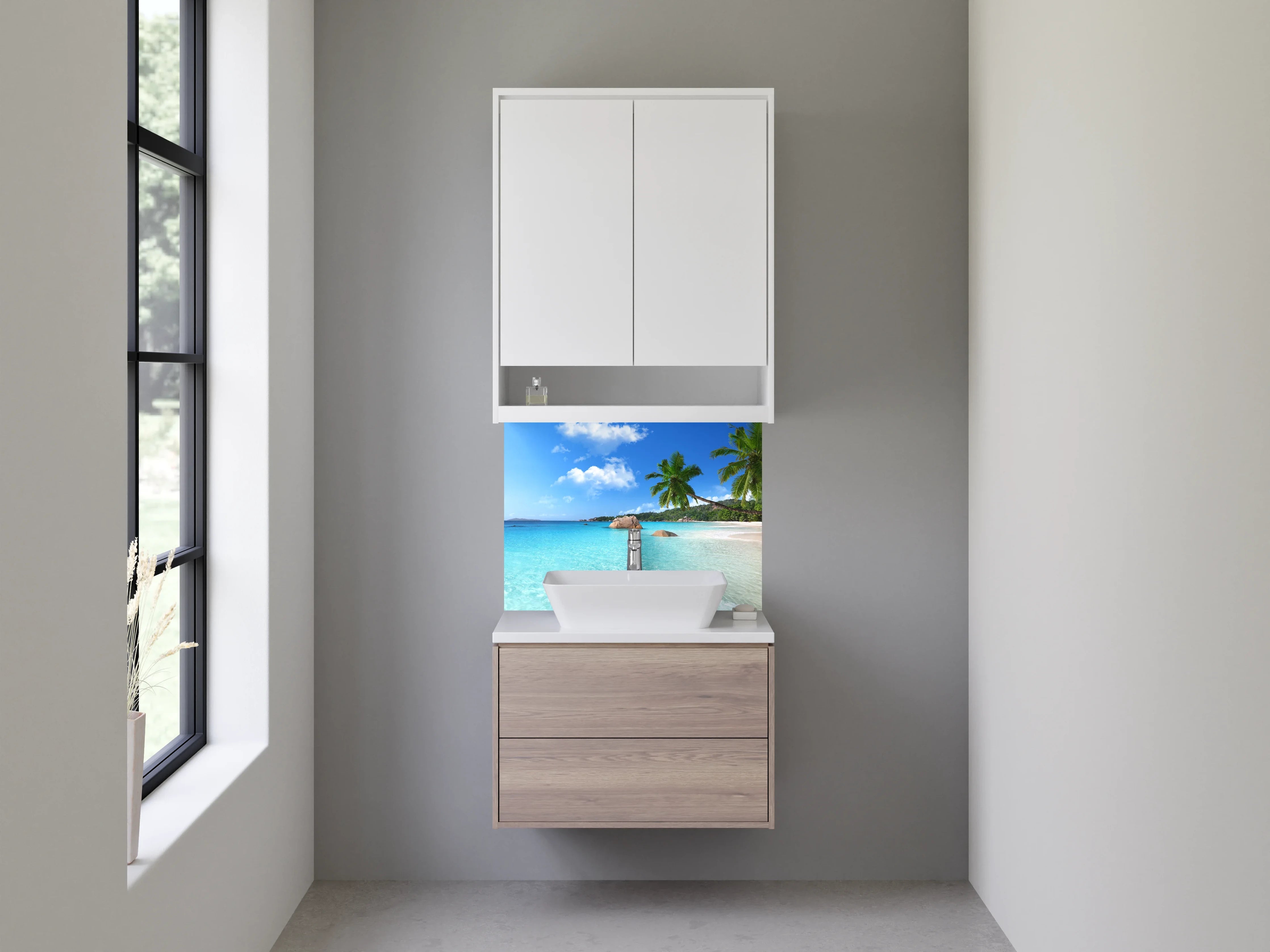 Waschbecken-Rückwand - Paradiesischer Strand mit Palmen und türkisblauem Meer