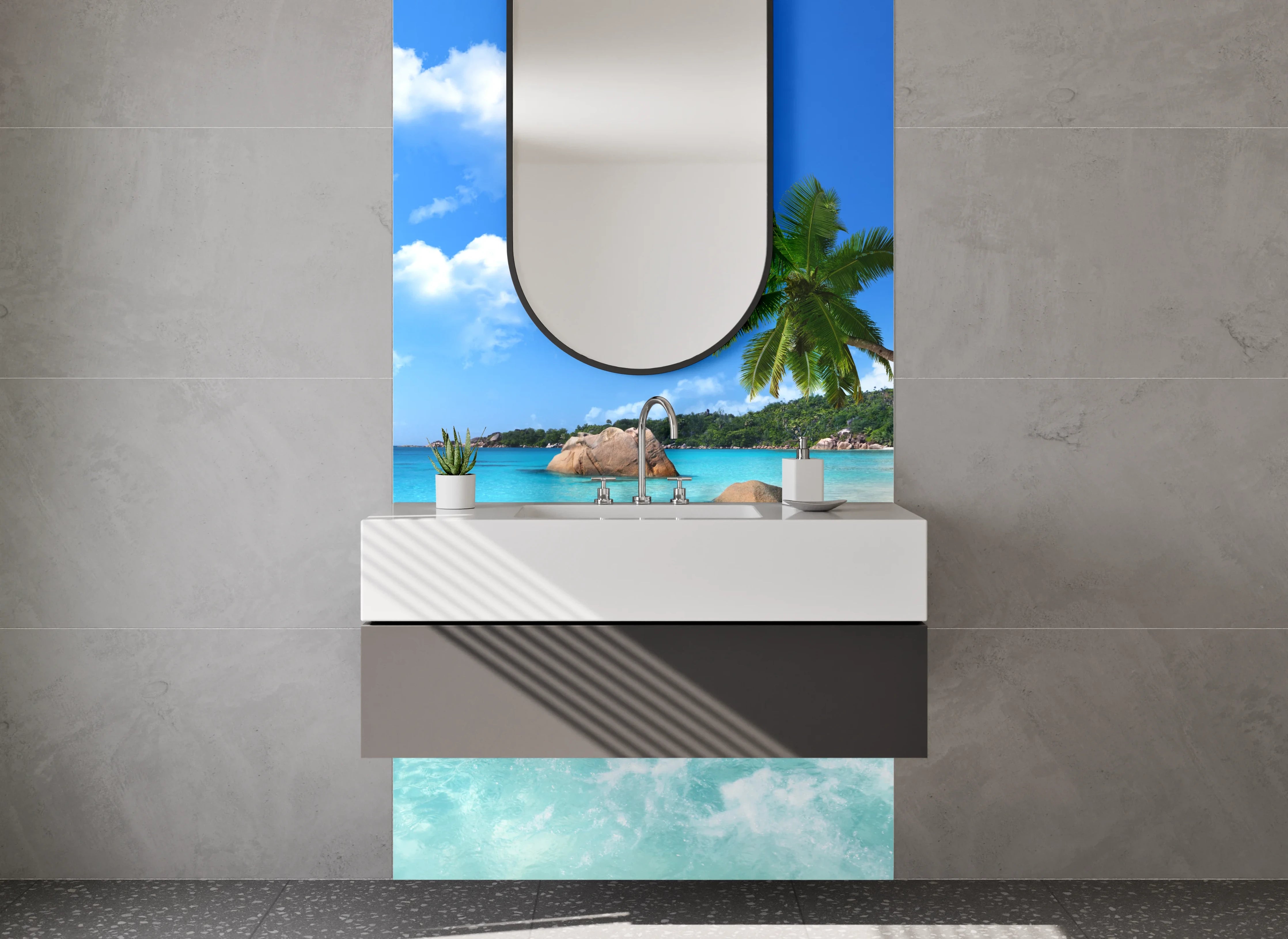 Waschbecken-Rückwand - Paradiesischer Strand mit Palmen und türkisblauem Meer