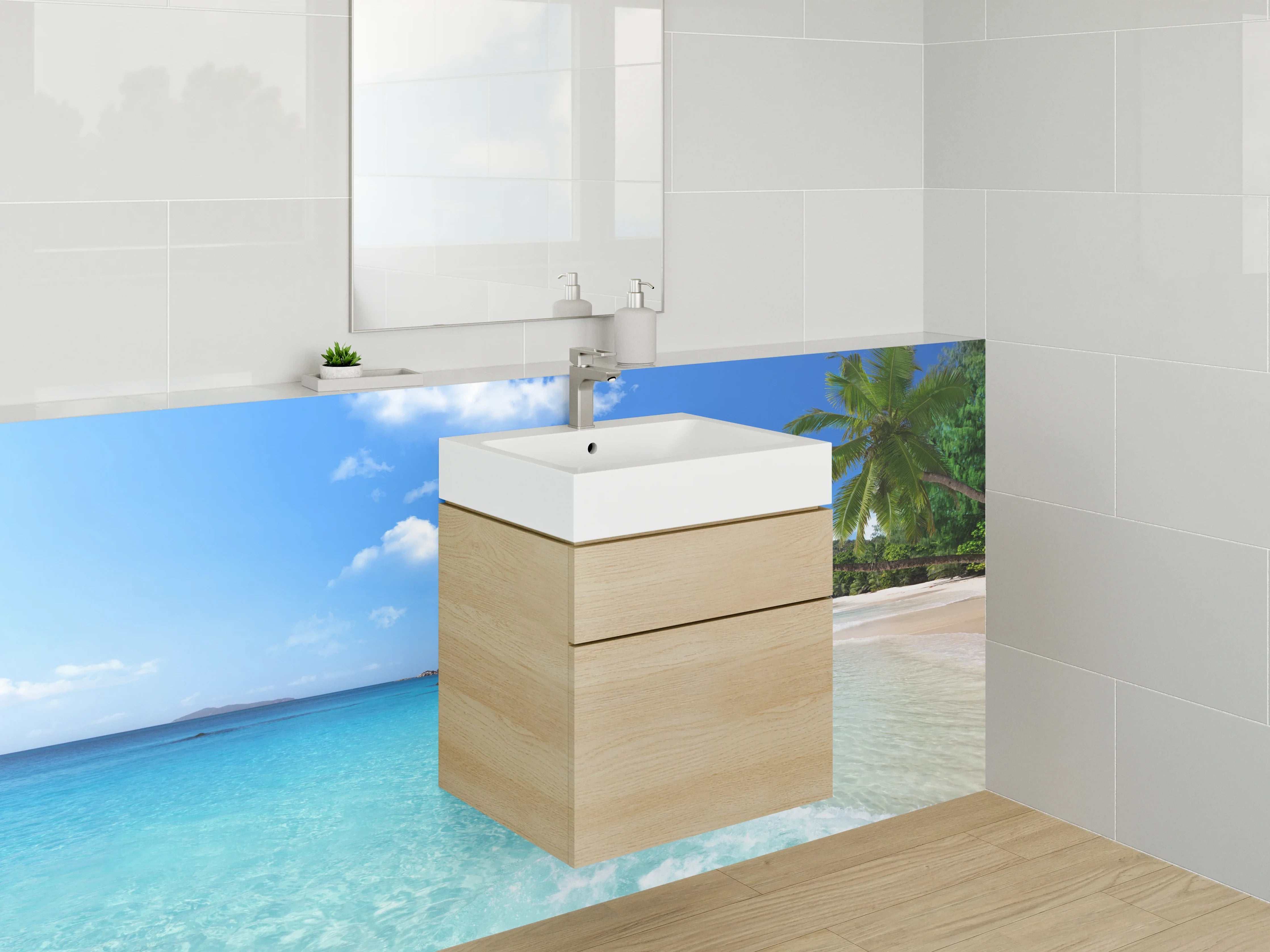 Waschbecken-Rückwand - Paradiesischer Strand mit Palmen und türkisblauem Meer