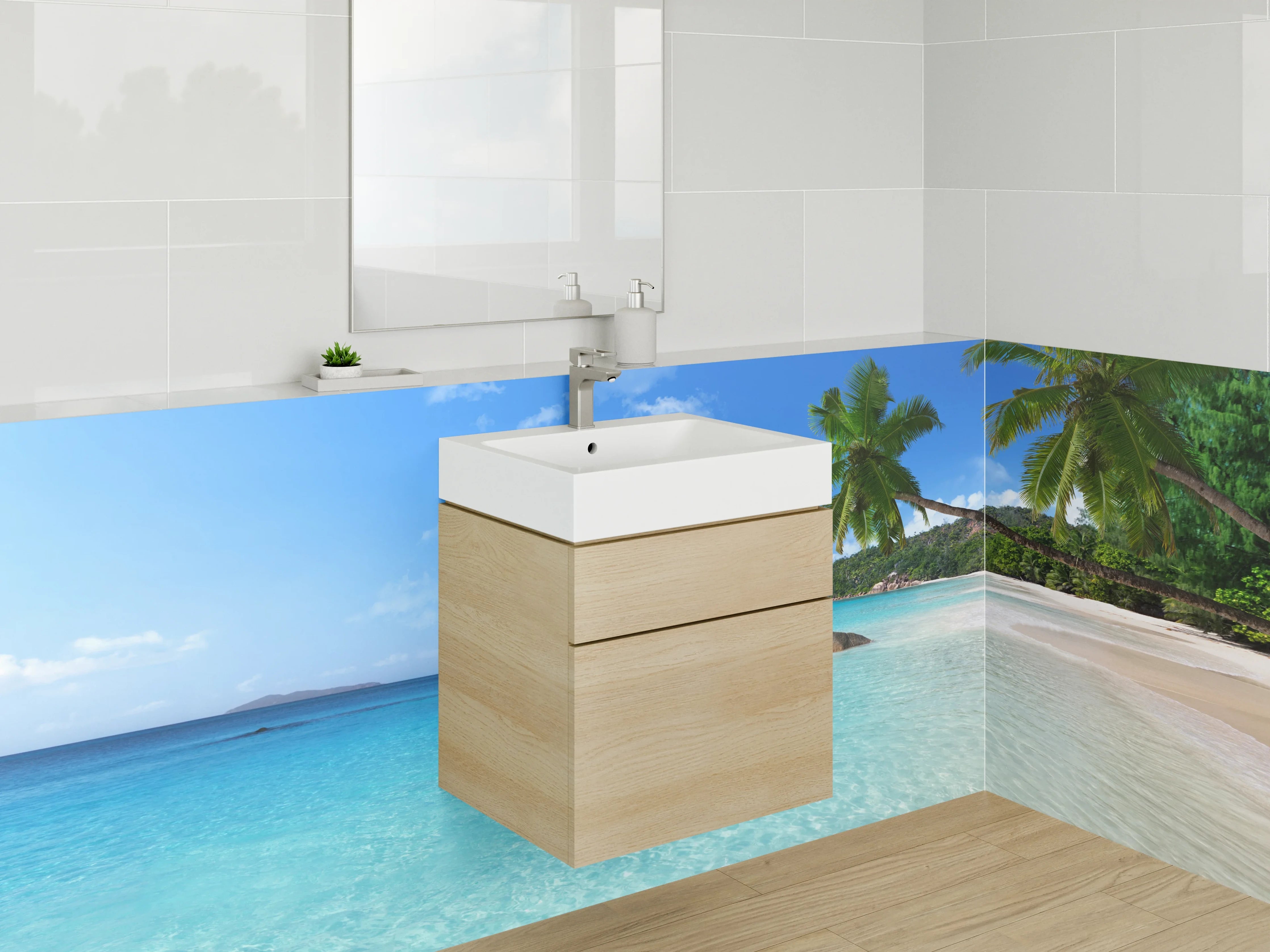 Waschbecken-Rückwand - Paradiesischer Strand mit Palmen und türkisblauem Meer