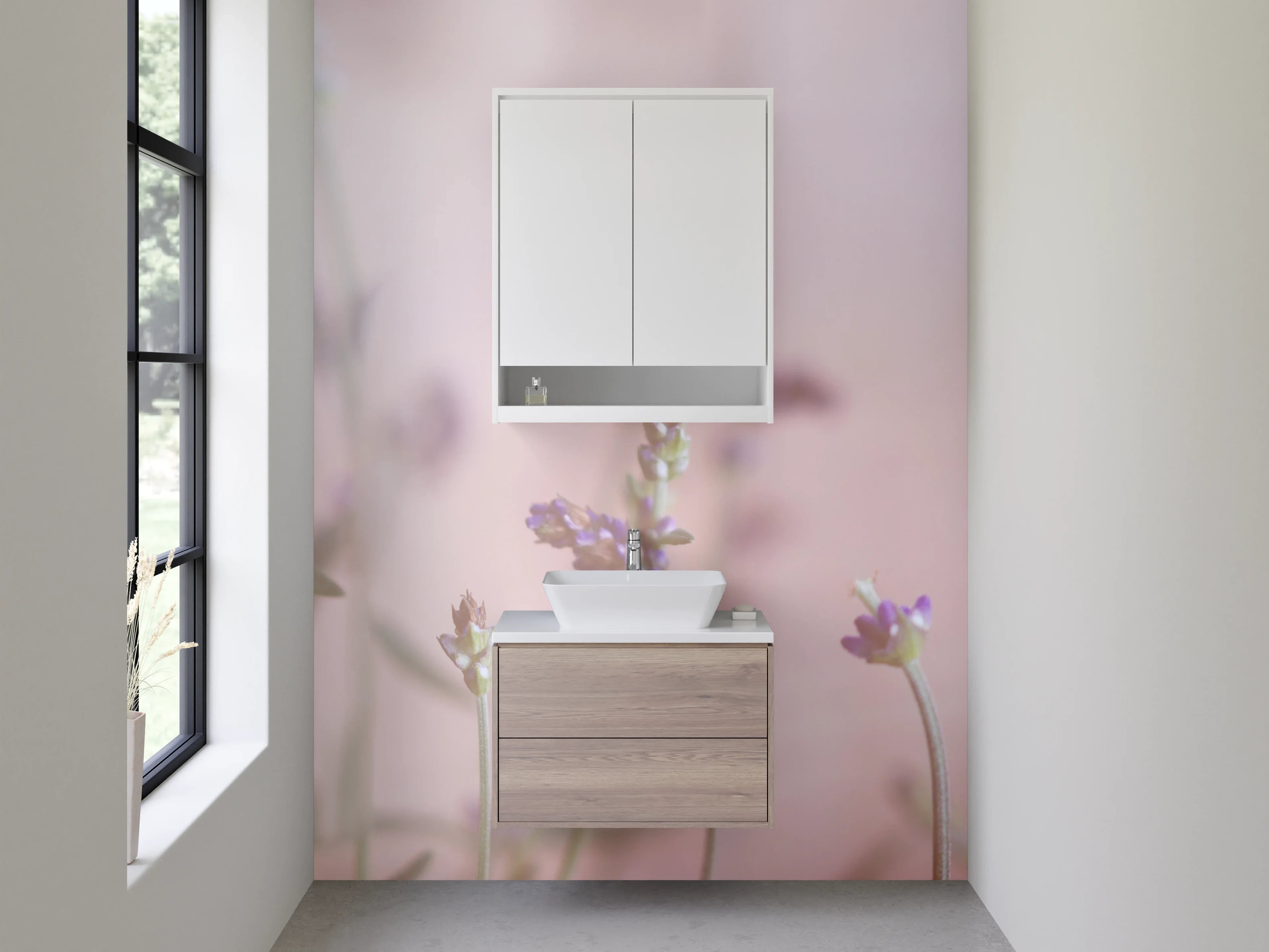 Waschbecken-Rückwand - Pastell Lavendelwiese Blümchen