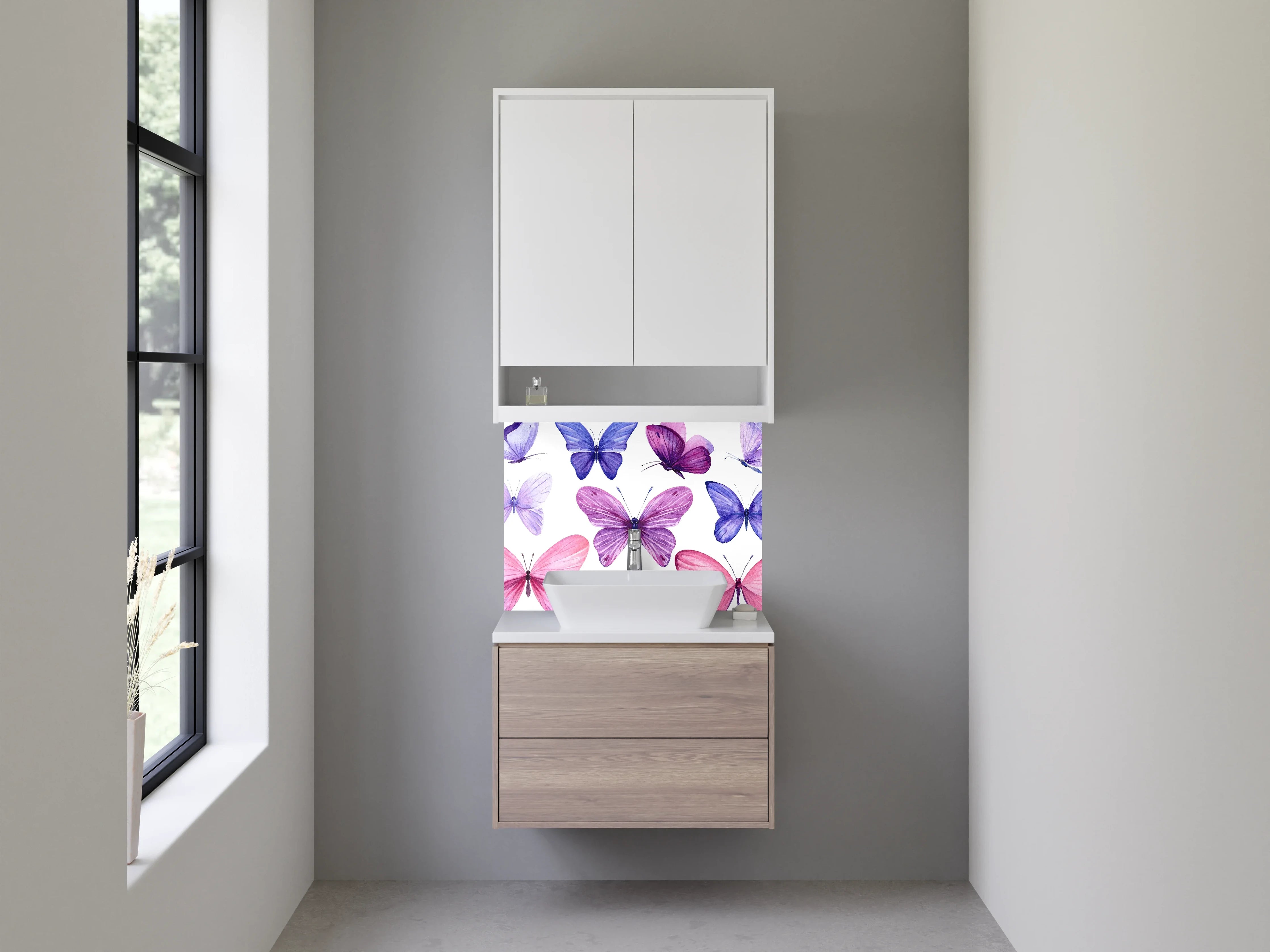 Waschbecken-Rückwand - Pastell Schmetterlinge in Grau und Rosé
