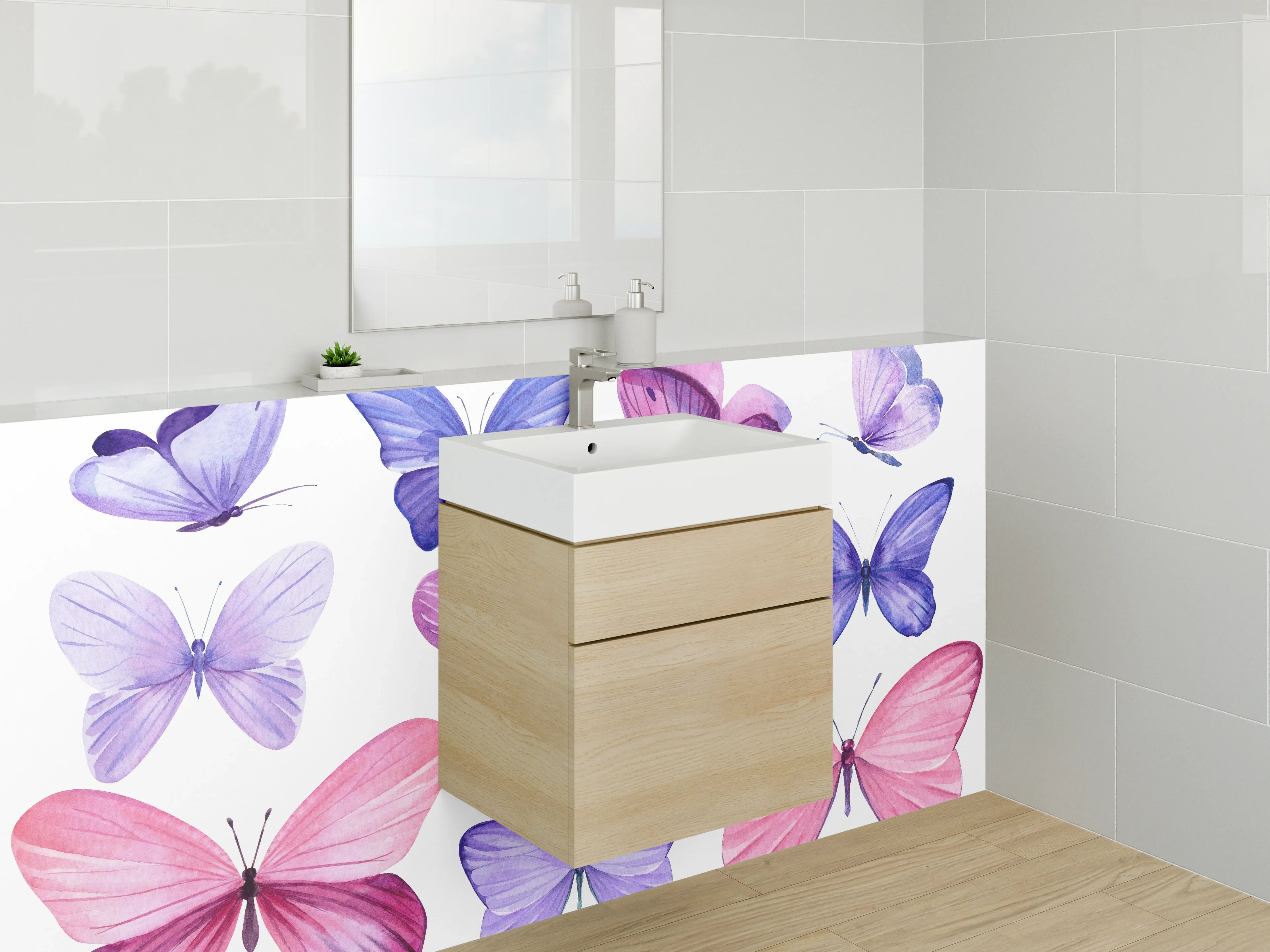 Waschbecken-Rückwand - Pastell Schmetterlinge in Grau und Rosé