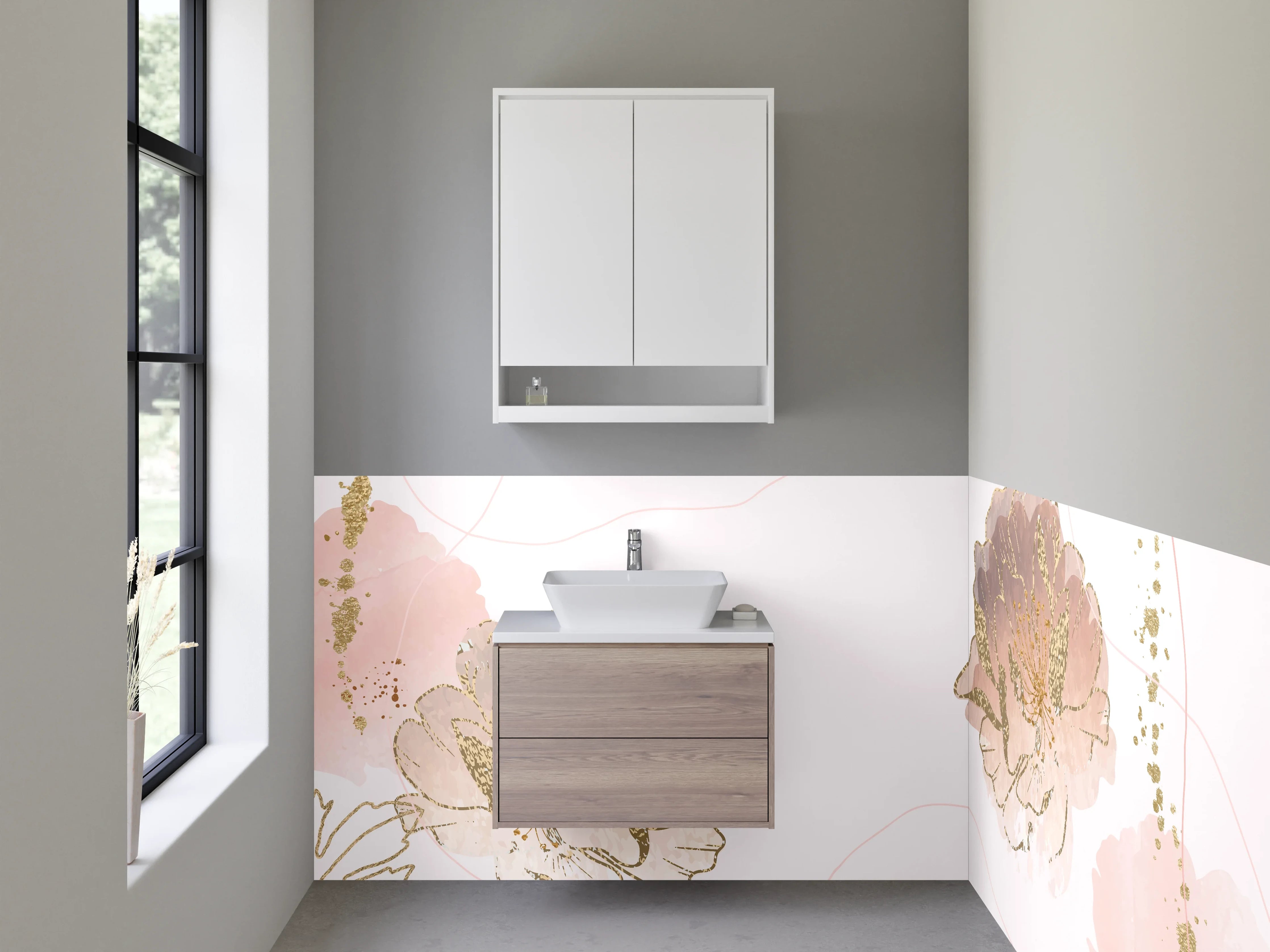 Waschbecken-Rückwand - Pastellfarbene Blumen mit Goldakzenten