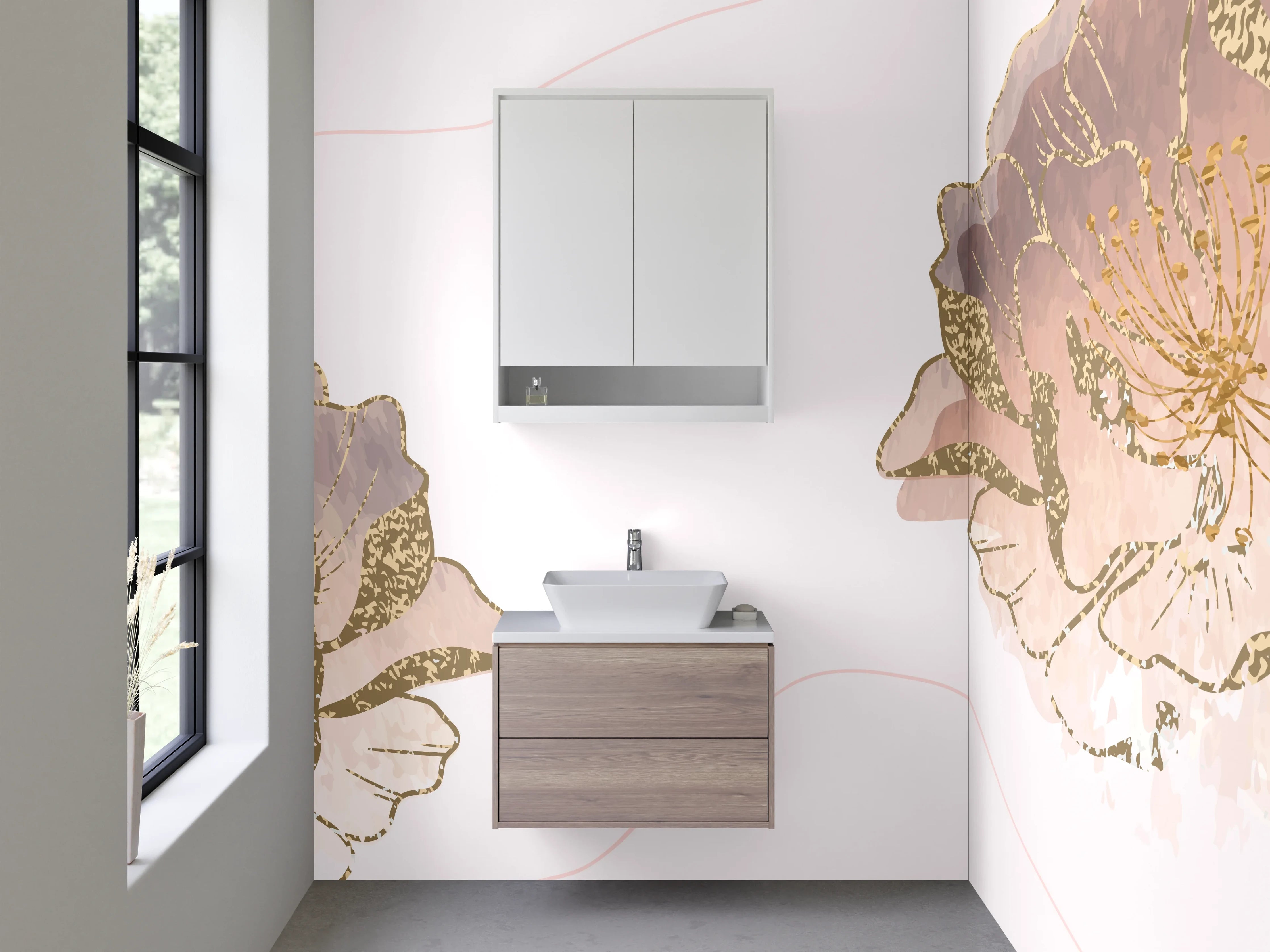 Waschbecken-Rückwand - Pastellfarbene Blumen mit Goldakzenten