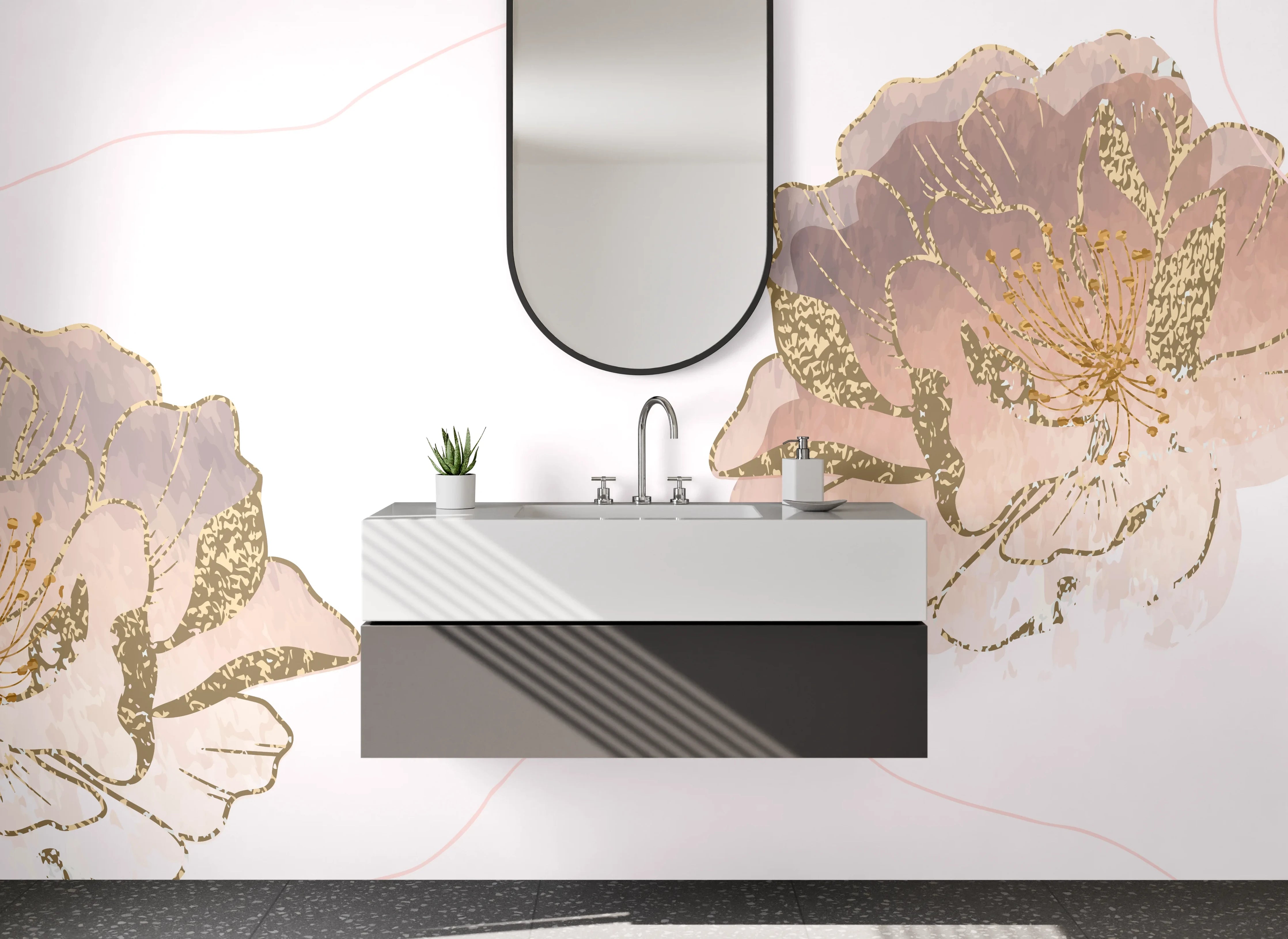 Waschbecken-Rückwand - Pastellfarbene Blumen mit Goldakzenten