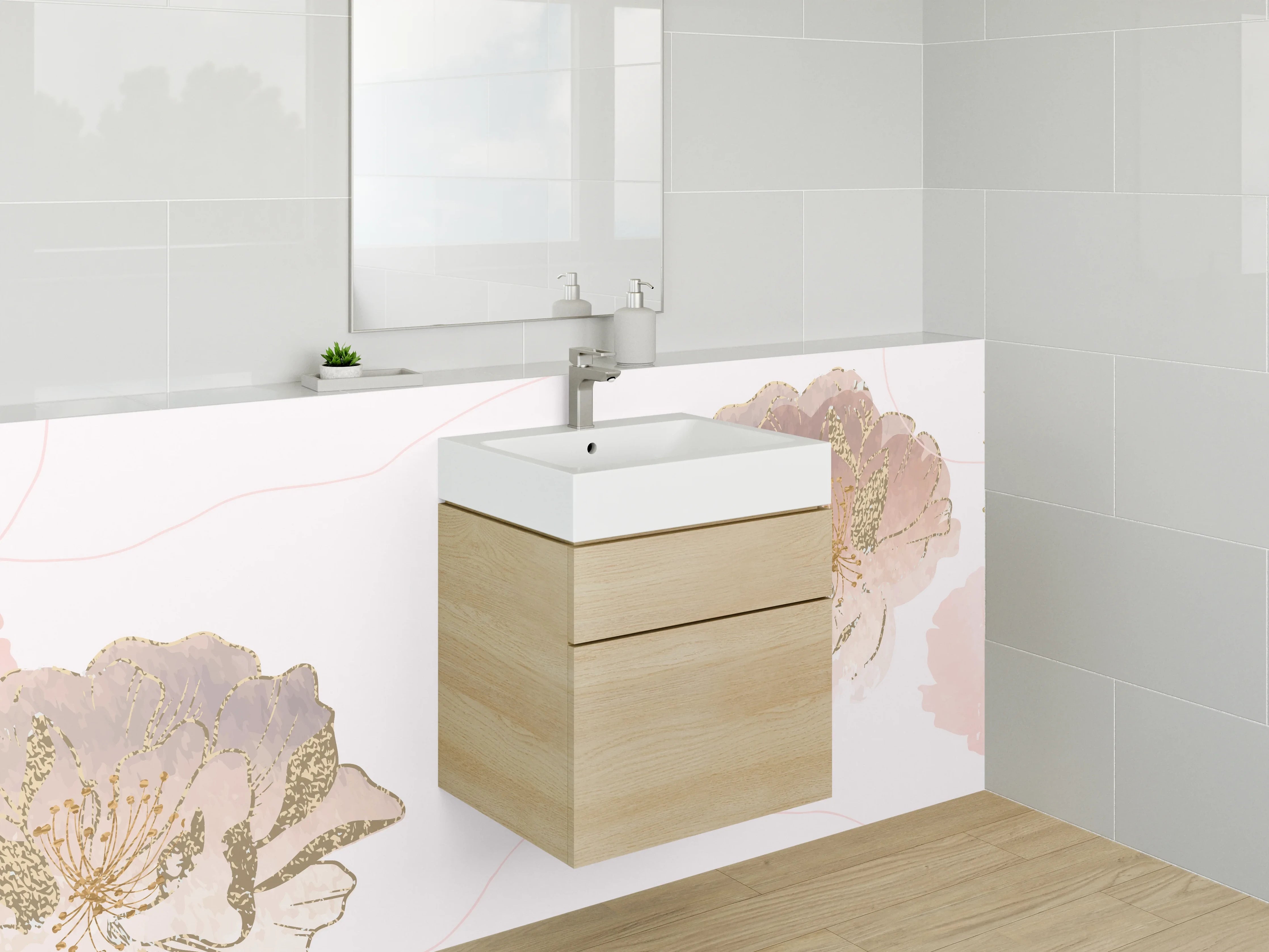 Waschbecken-Rückwand - Pastellfarbene Blumen mit Goldakzenten