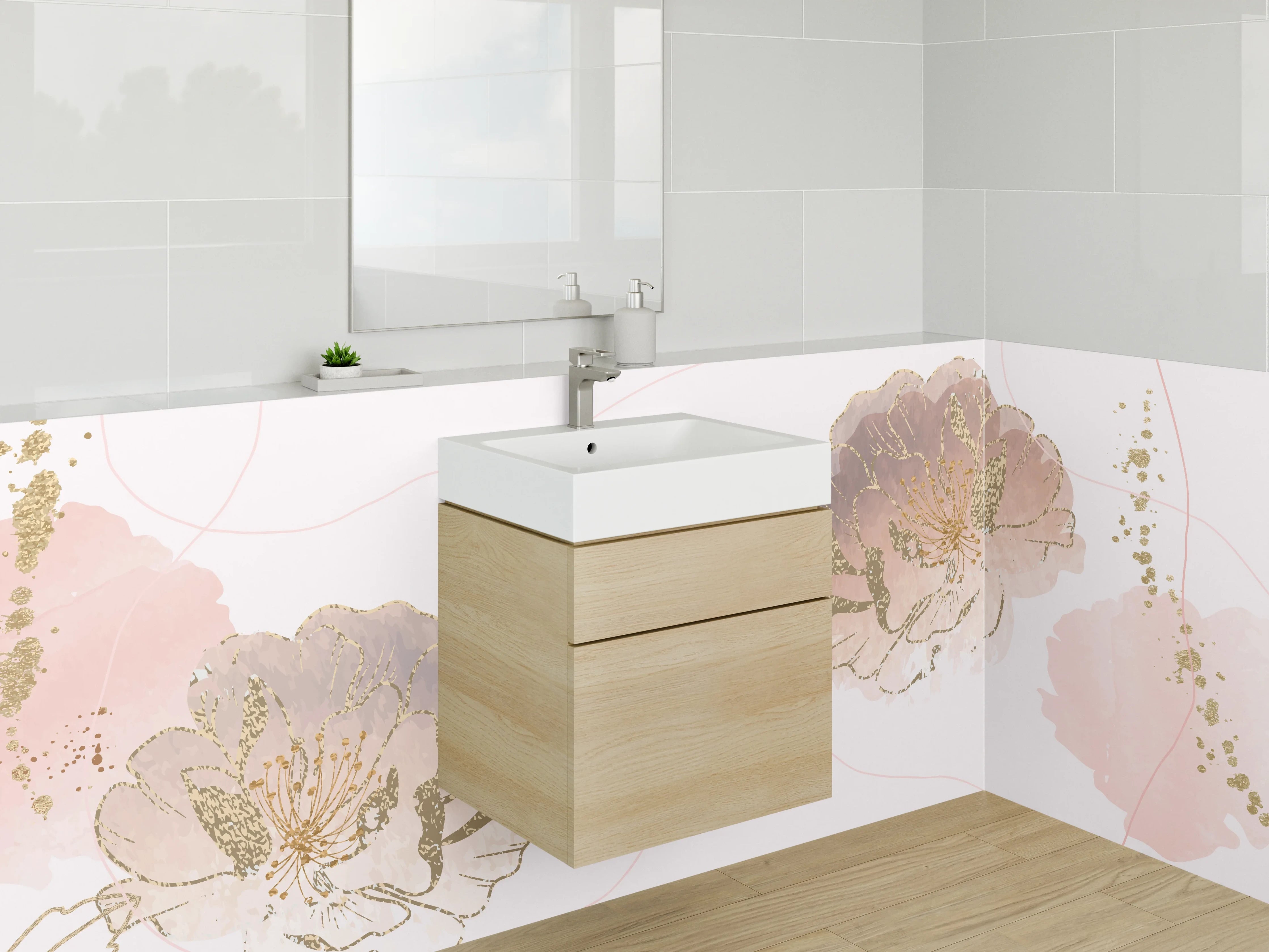 Waschbecken-Rückwand - Pastellfarbene Blumen mit Goldakzenten