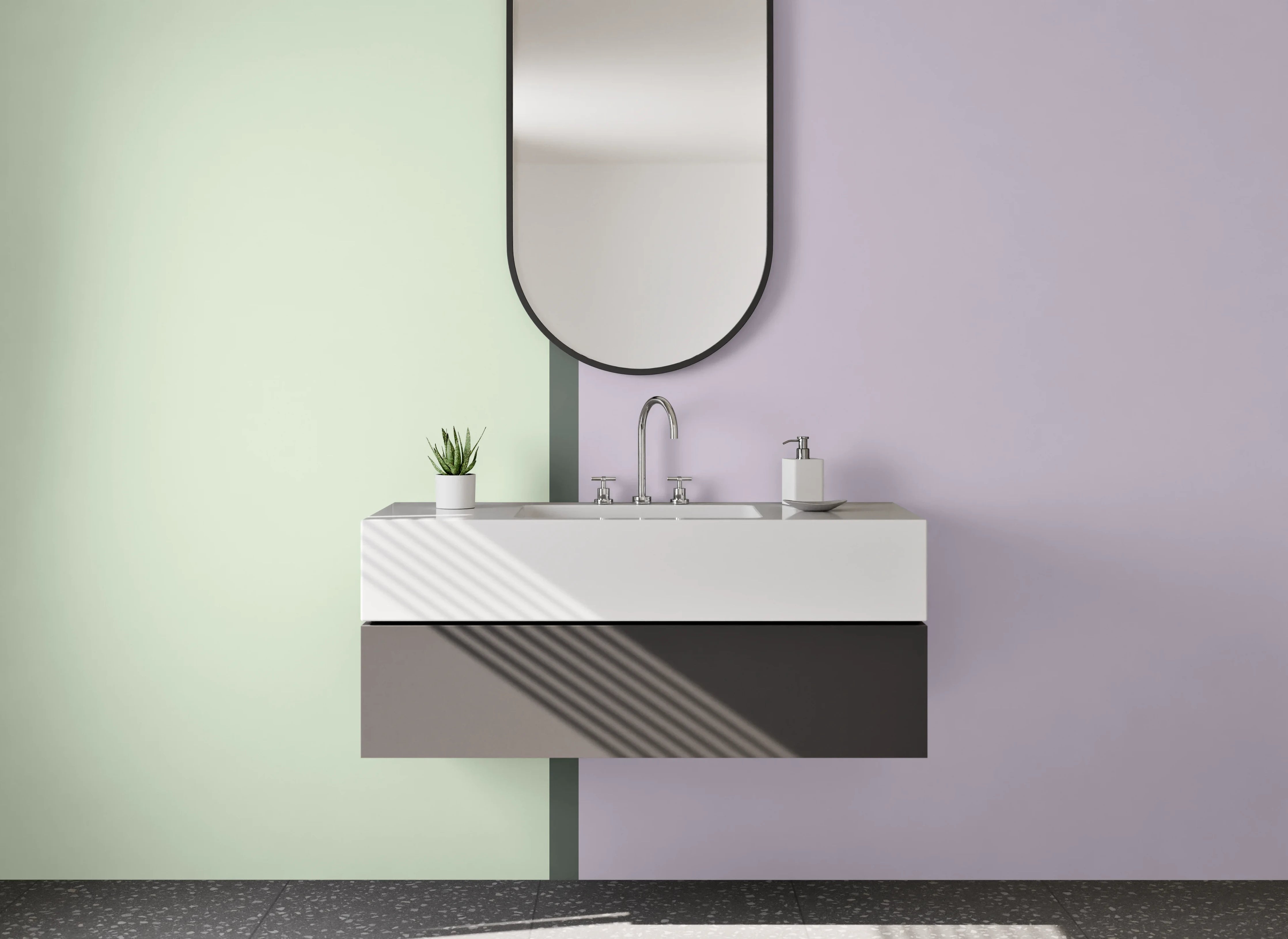 Waschbecken-Rückwand - Pastellfarbene Flächen in Grün und Lila