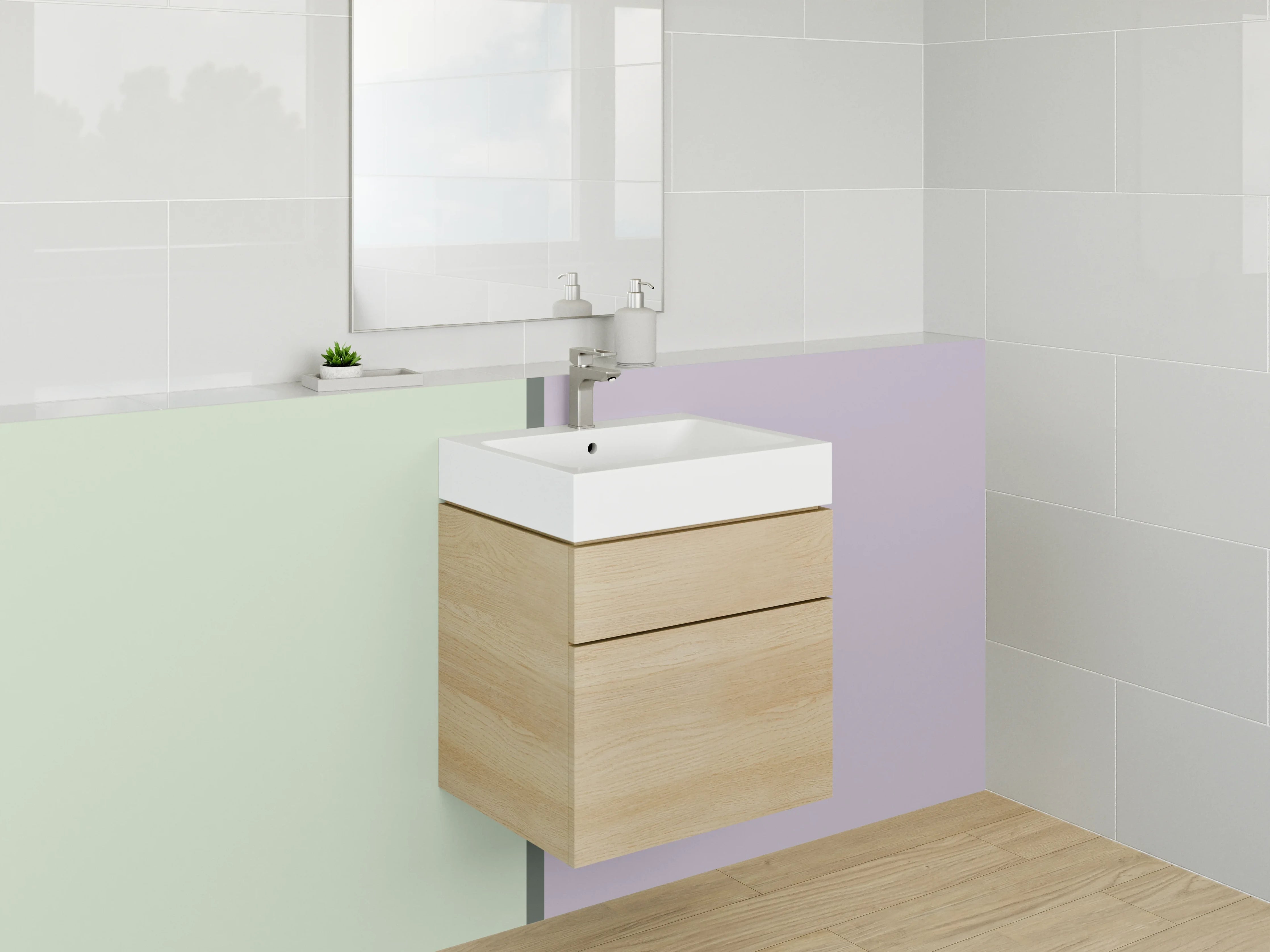 Waschbecken-Rückwand - Pastellfarbene Flächen in Grün und Lila