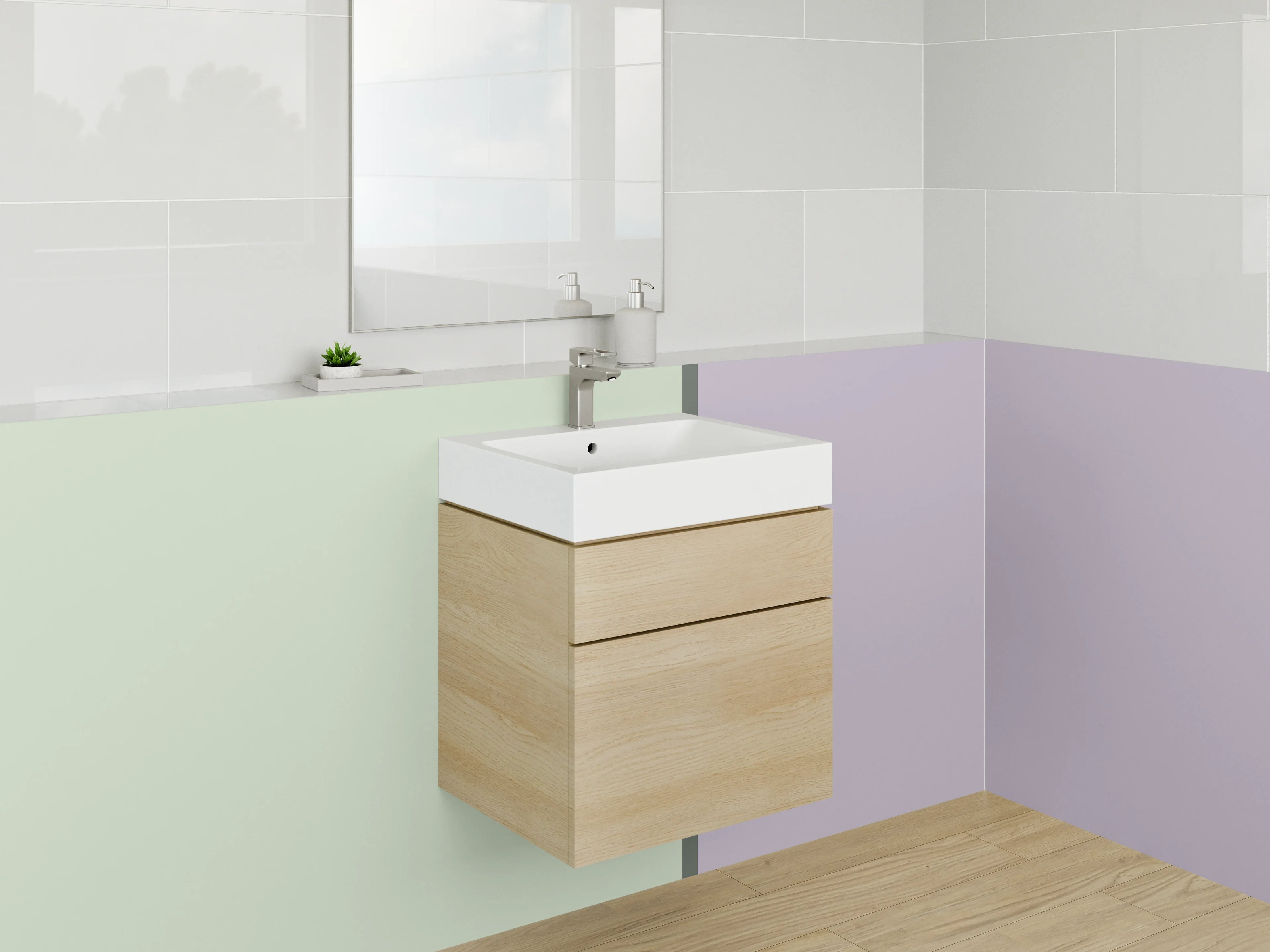 Waschbecken-Rückwand - Pastellfarbene Flächen in Grün und Lila