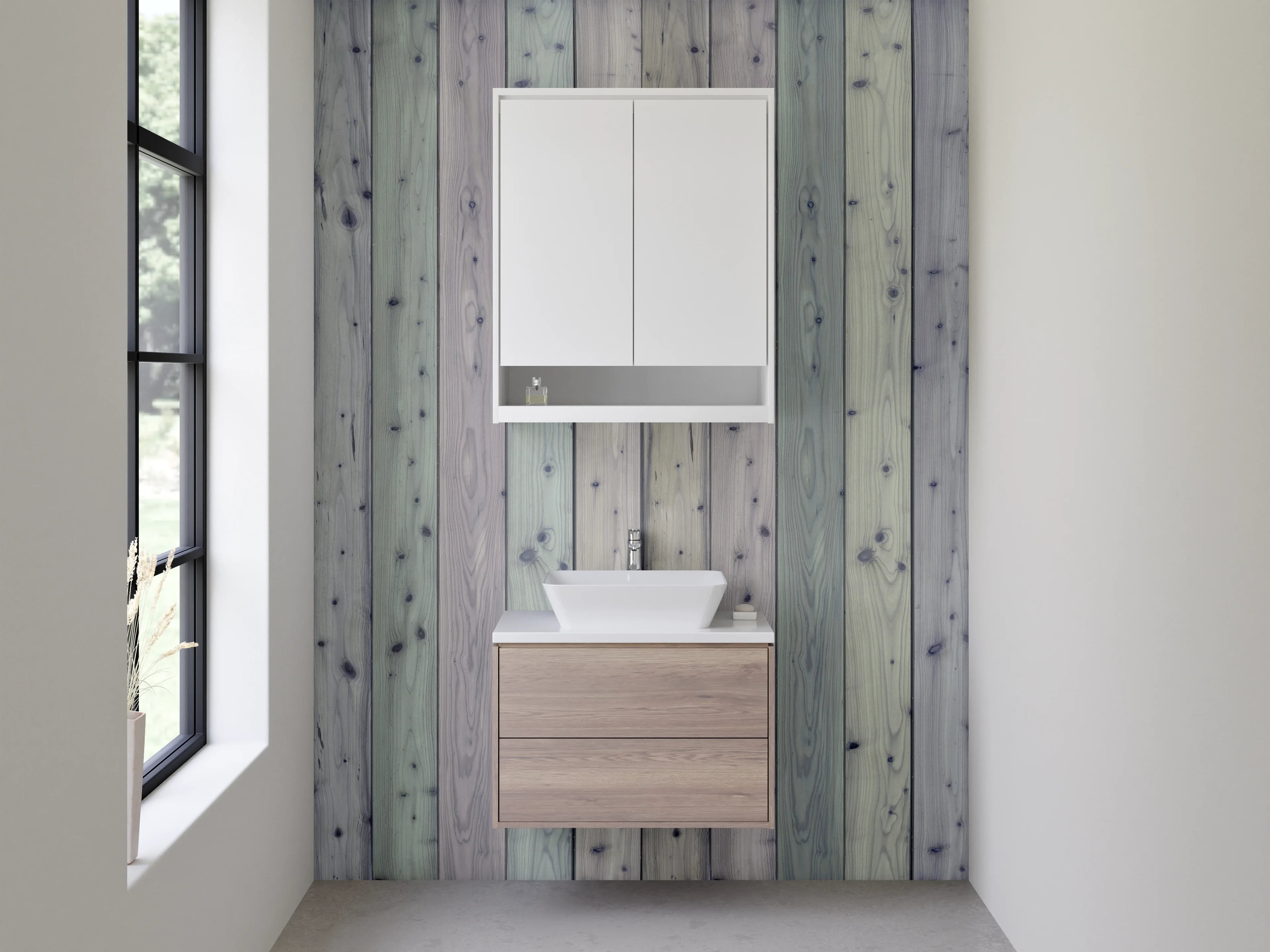 Waschbecken-Rückwand - Pastellfarbene Vintage-Holzplanken