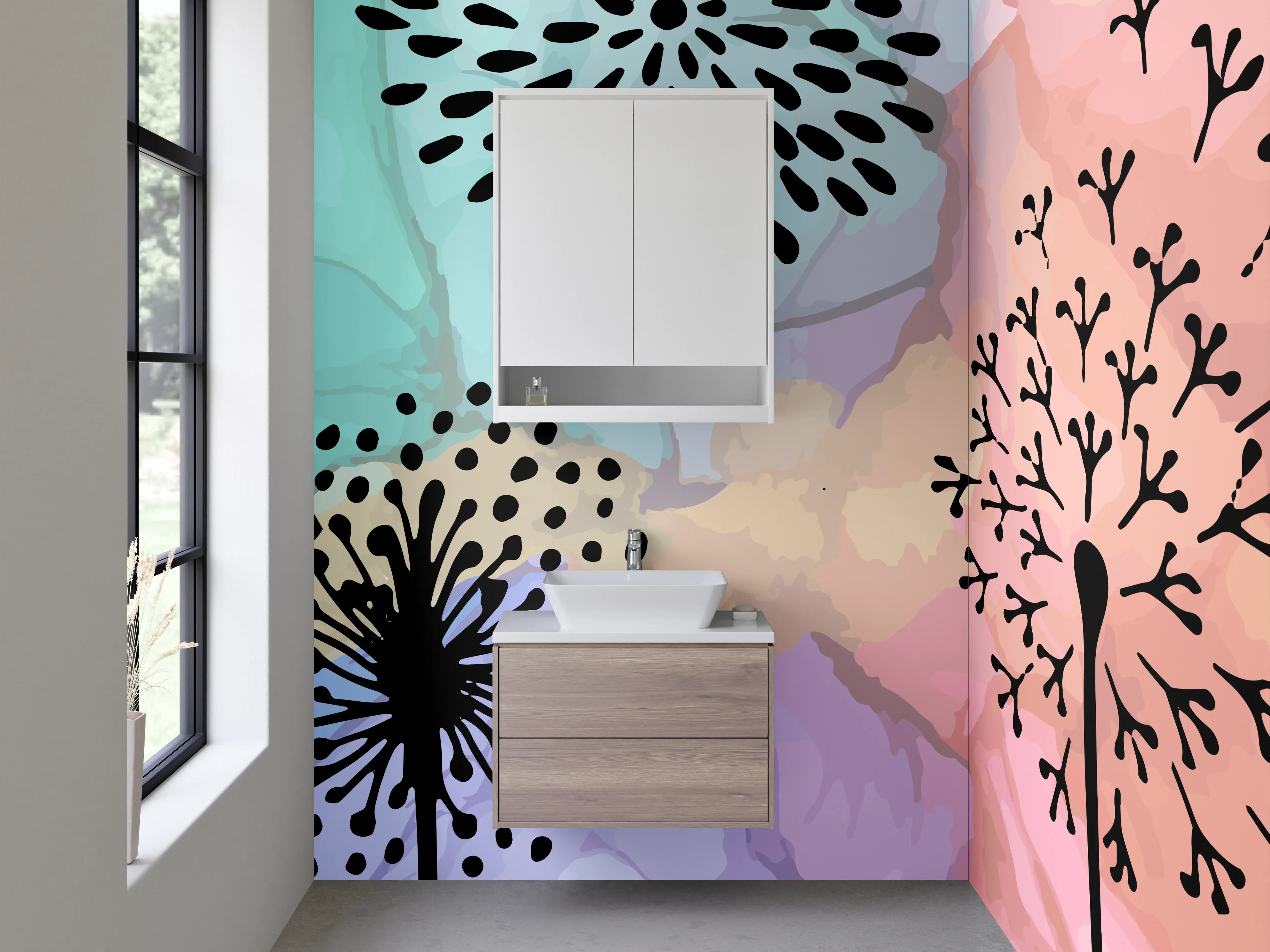 Waschbecken-Rückwand - Pastellgrau Blumenmuster