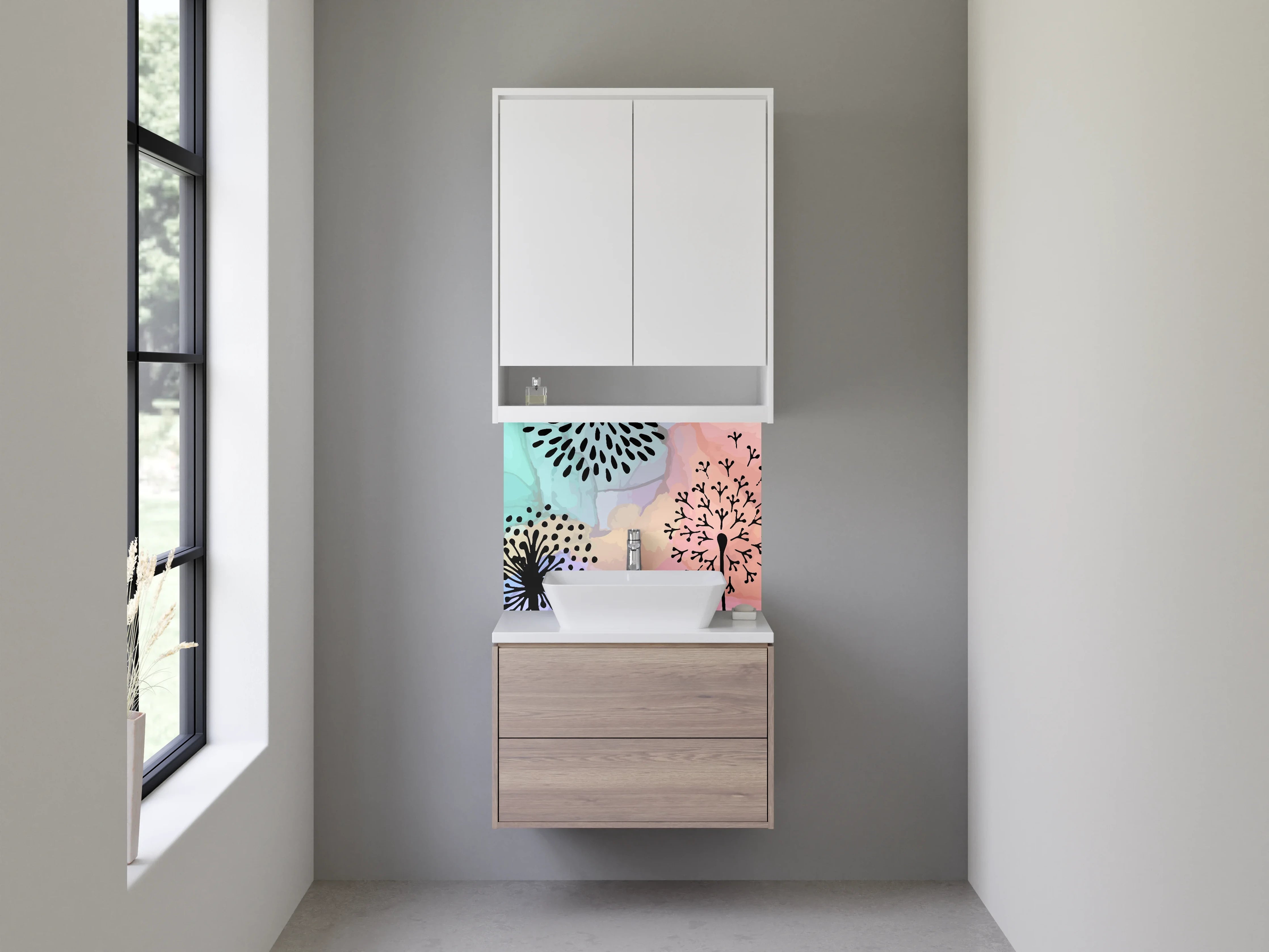 Waschbecken-Rückwand - Pastellgrau Blumenmuster