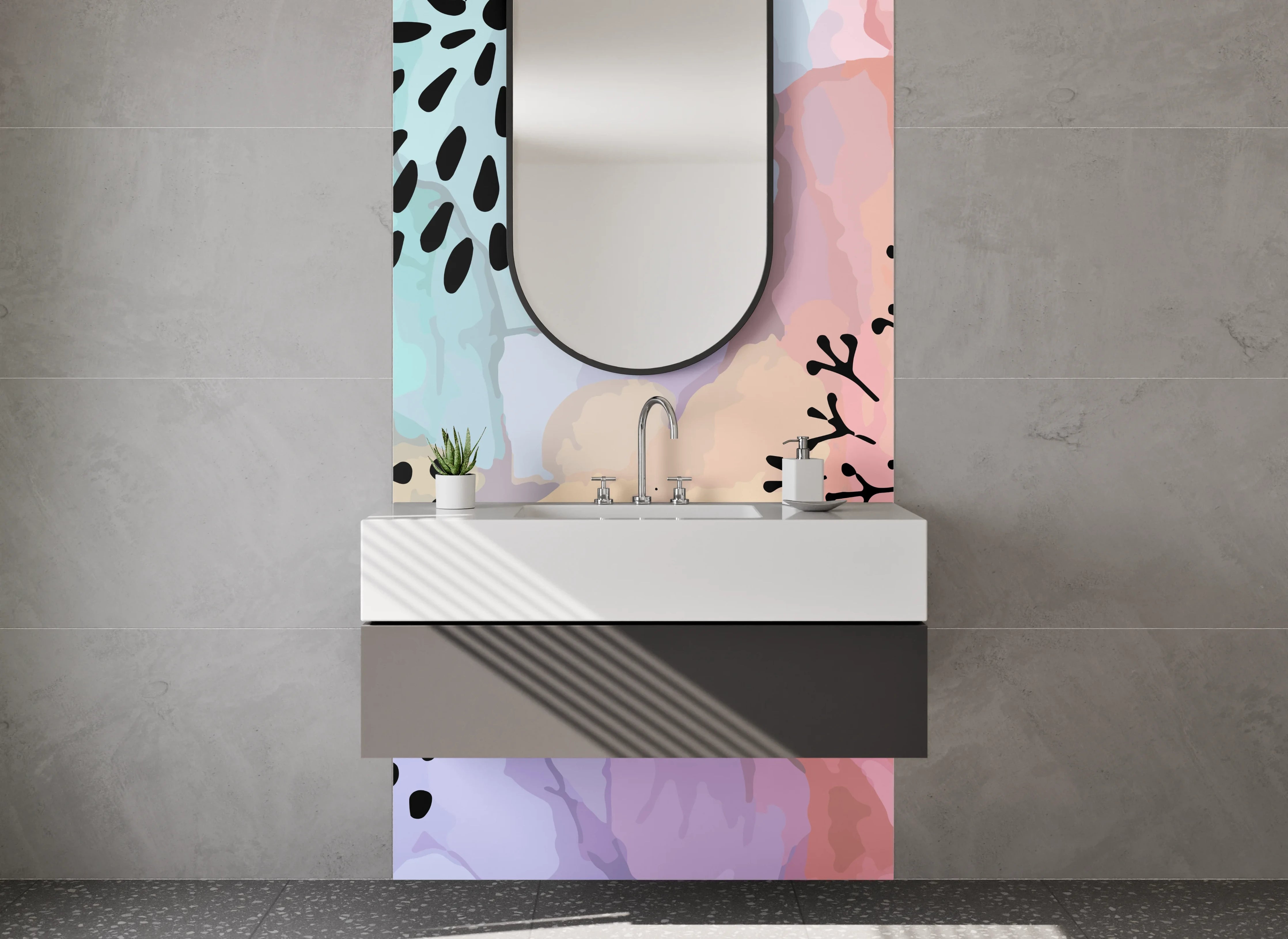 Waschbecken-Rückwand - Pastellgrau Blumenmuster