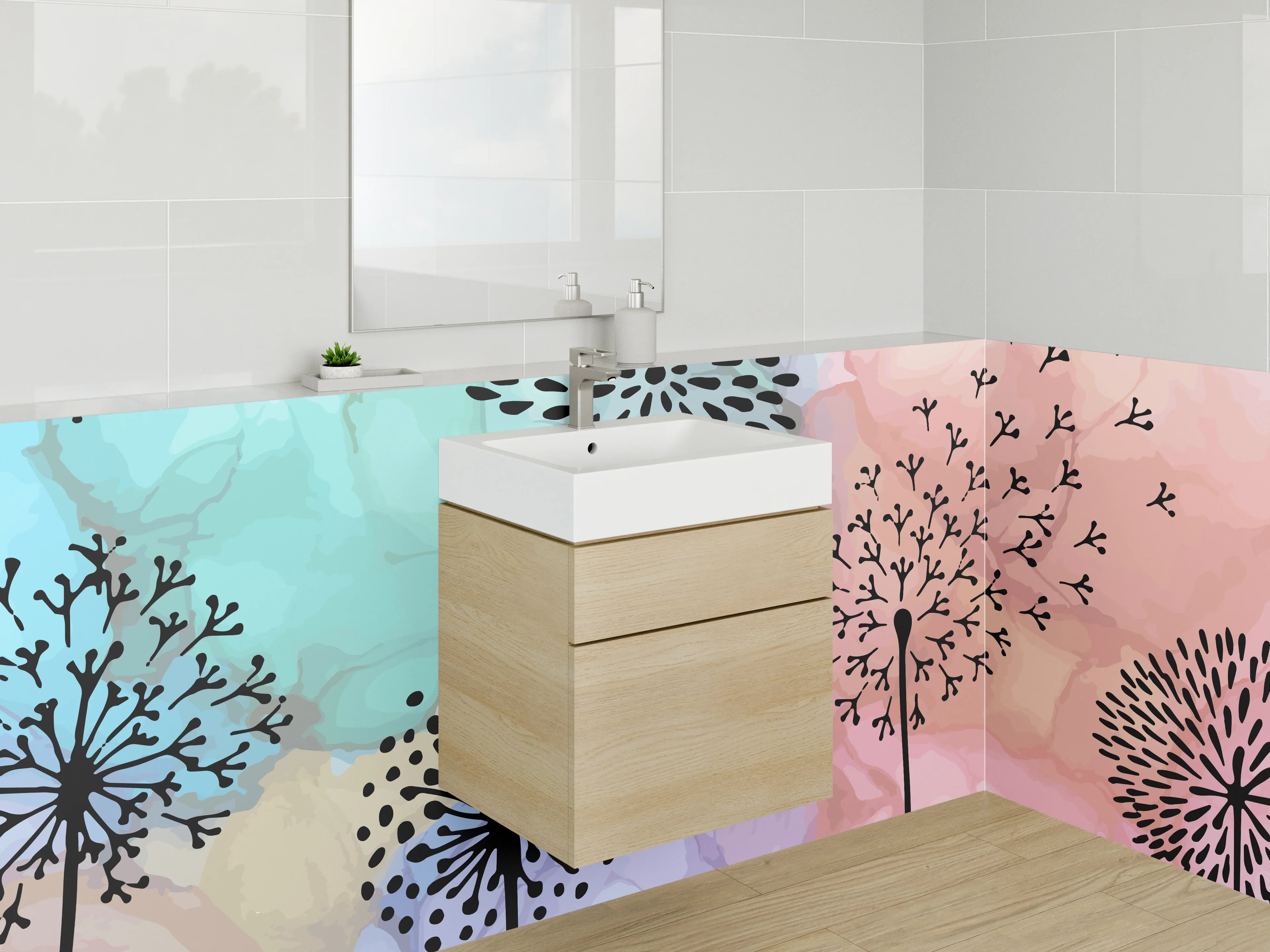 Waschbecken-Rückwand - Pastellgrau Blumenmuster