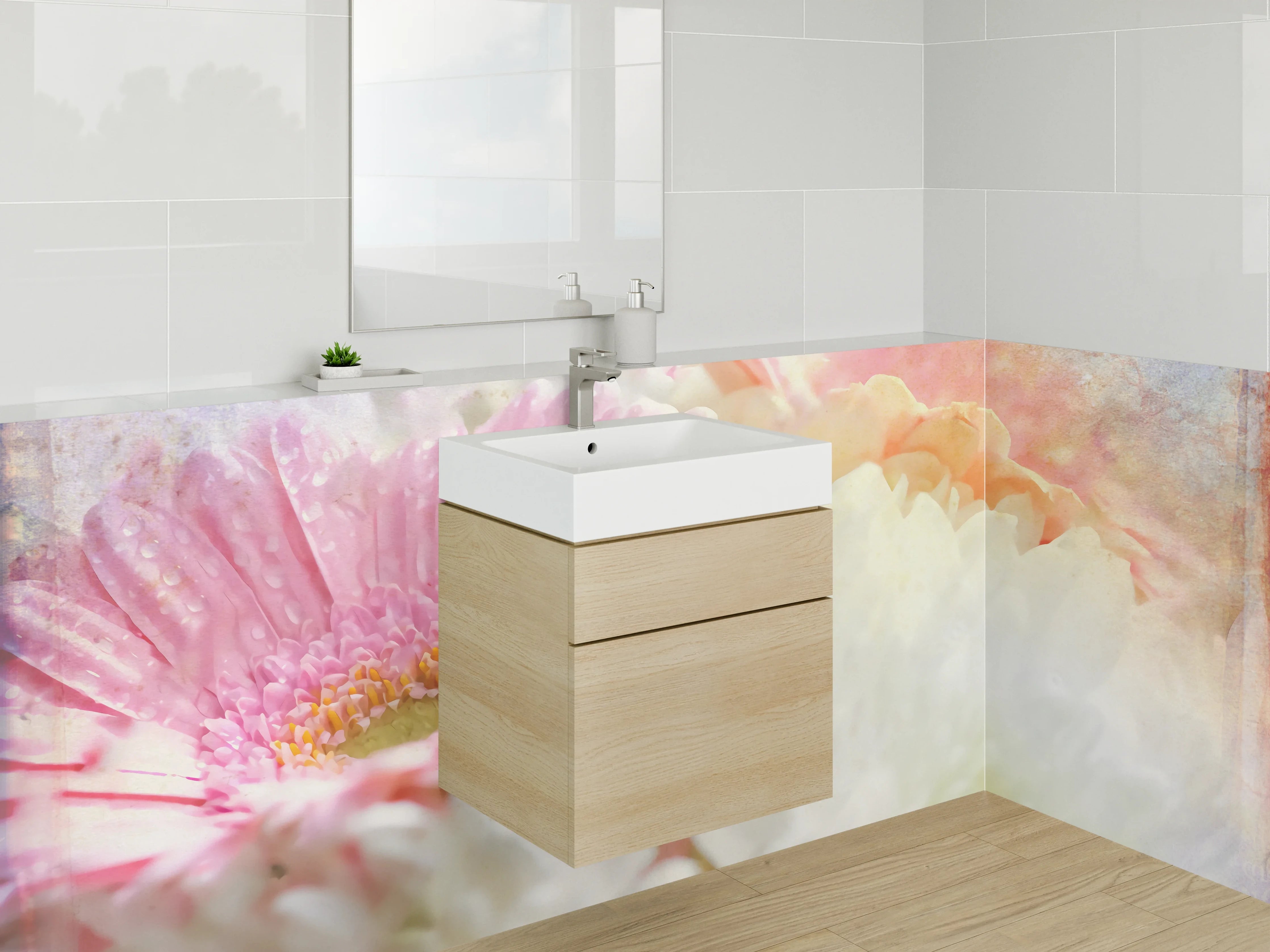 Waschbecken-Rückwand - Pastellige Blumen Aquarell auf Weiß