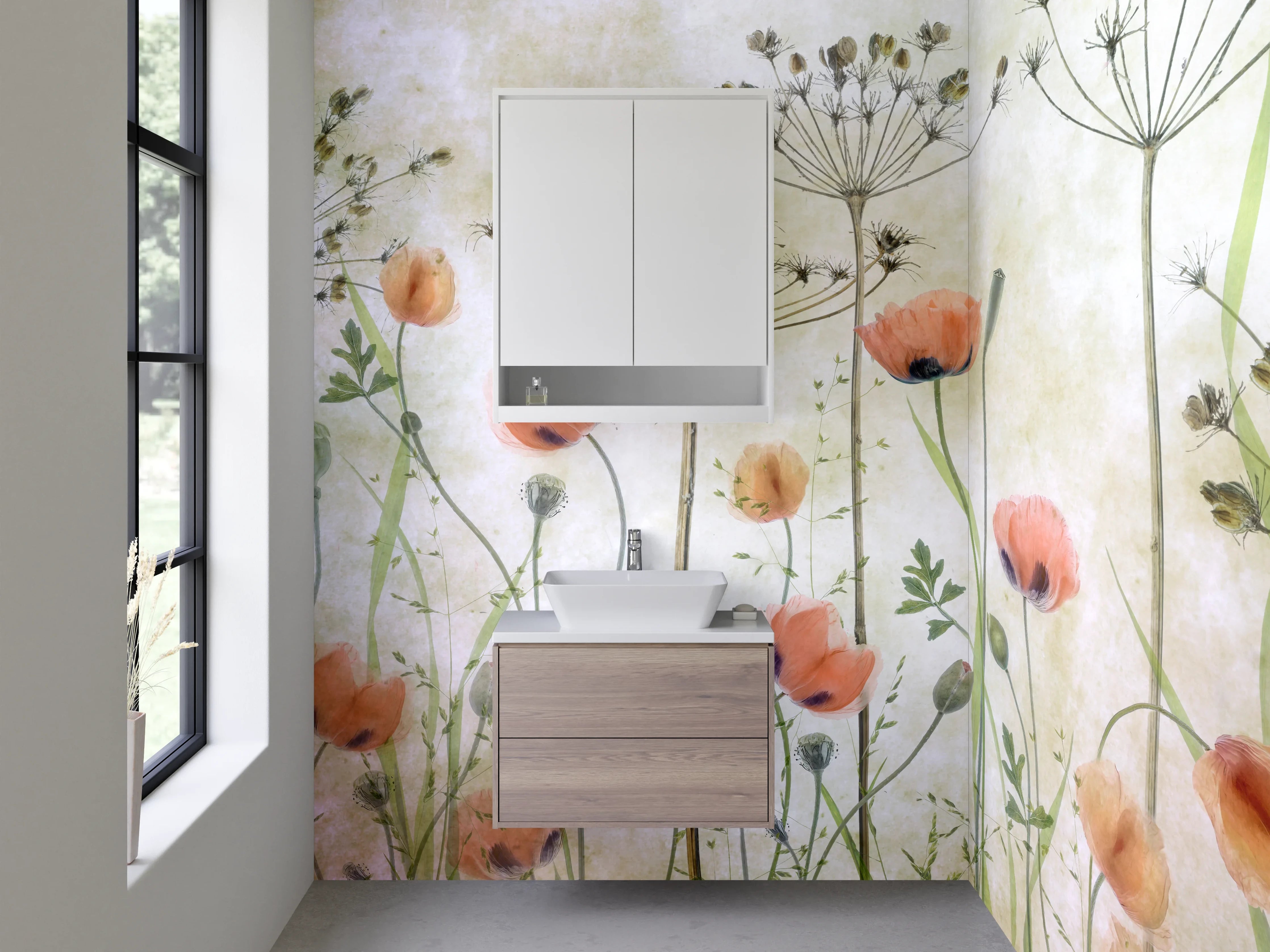 Waschbecken-Rückwand - Pastellwiese mit weißen Blüten in Grautönen