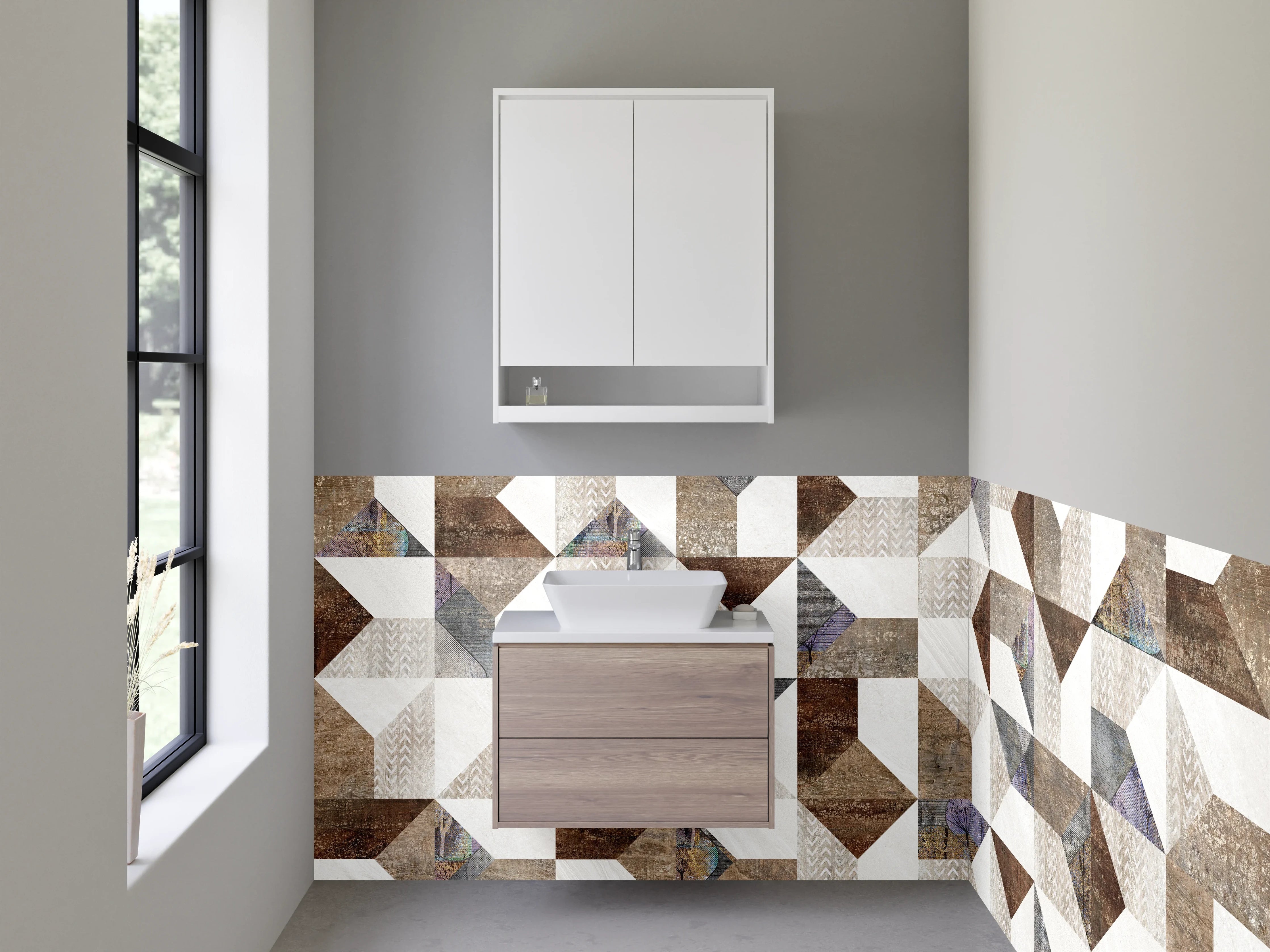 Waschbecken-Rückwand - Patchwork Fliesenmuster Braun Beige Weiß