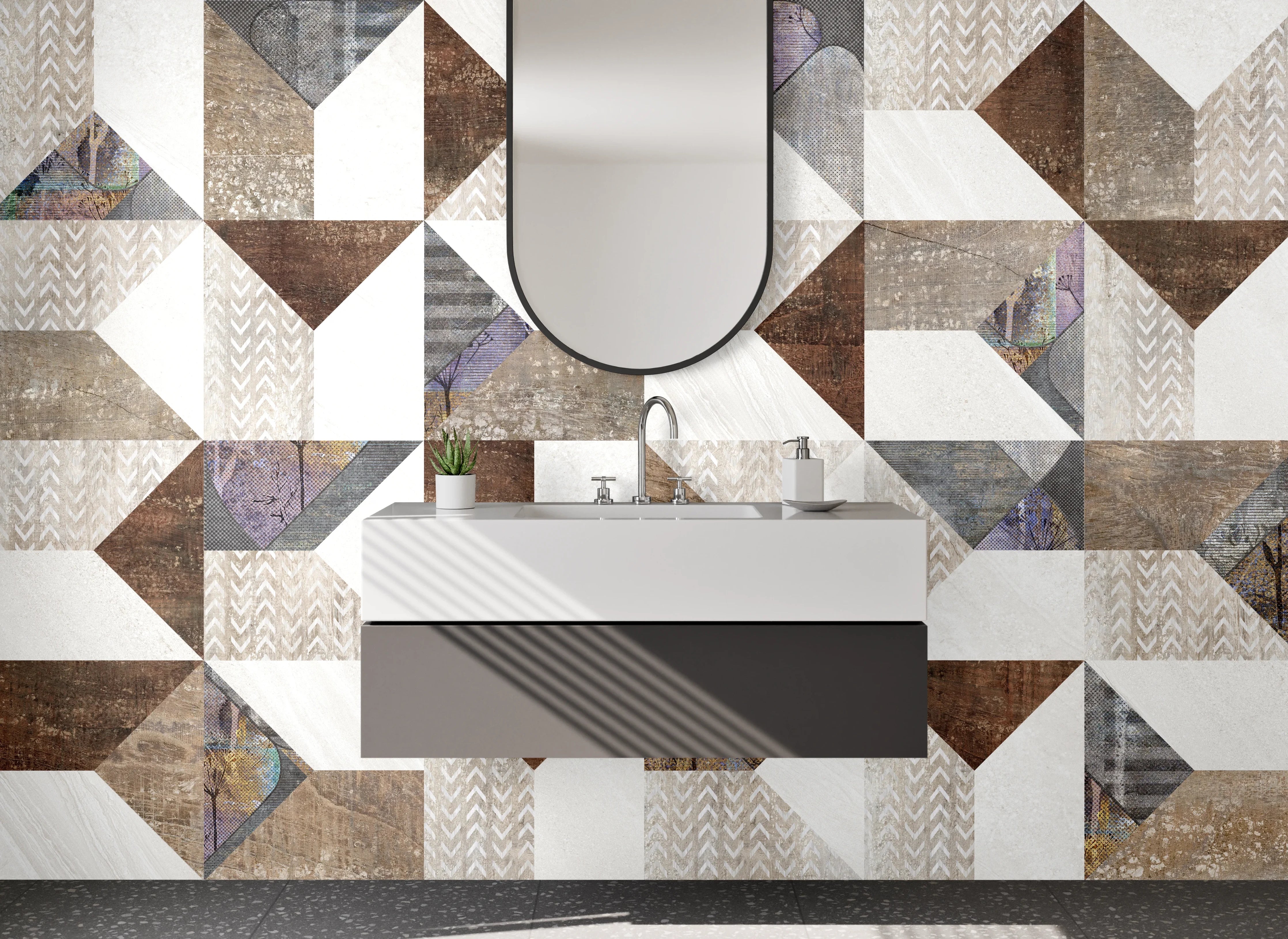 Waschbecken-Rückwand - Patchwork Fliesenmuster Braun Beige Weiß