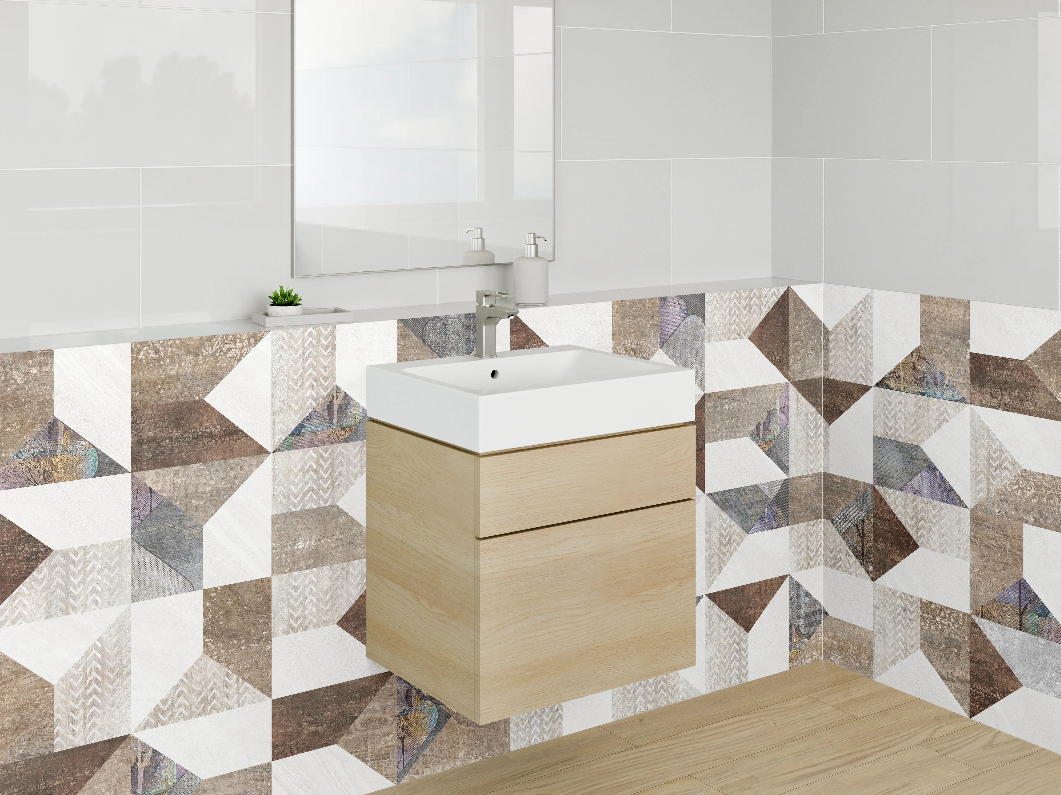 Waschbecken-Rückwand - Patchwork Fliesenmuster Braun Beige Weiß