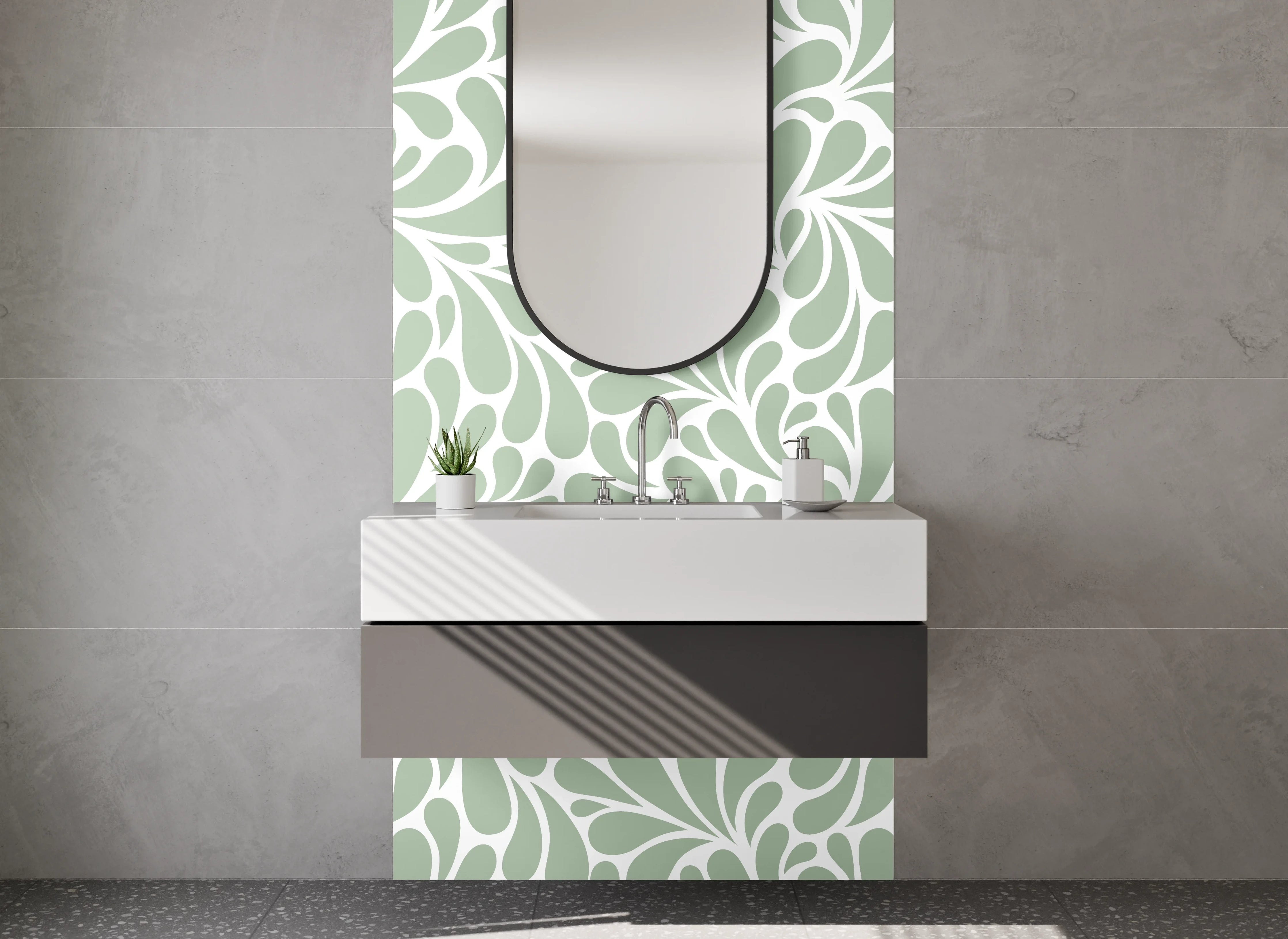 Waschbecken-Rückwand - Pflanzenornament in Mintgrau und Weiß