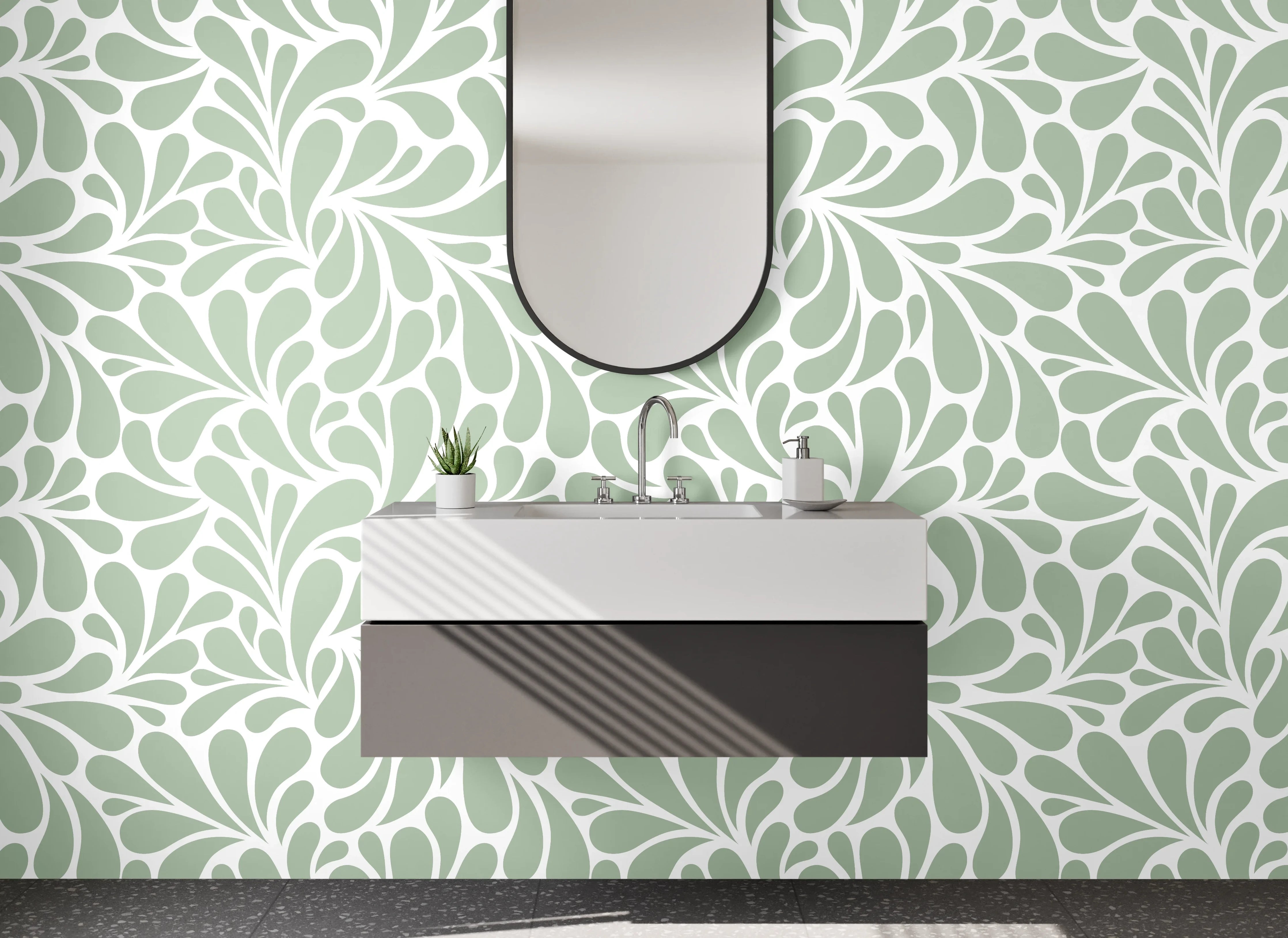 Waschbecken-Rückwand - Pflanzenornament in Mintgrau und Weiß