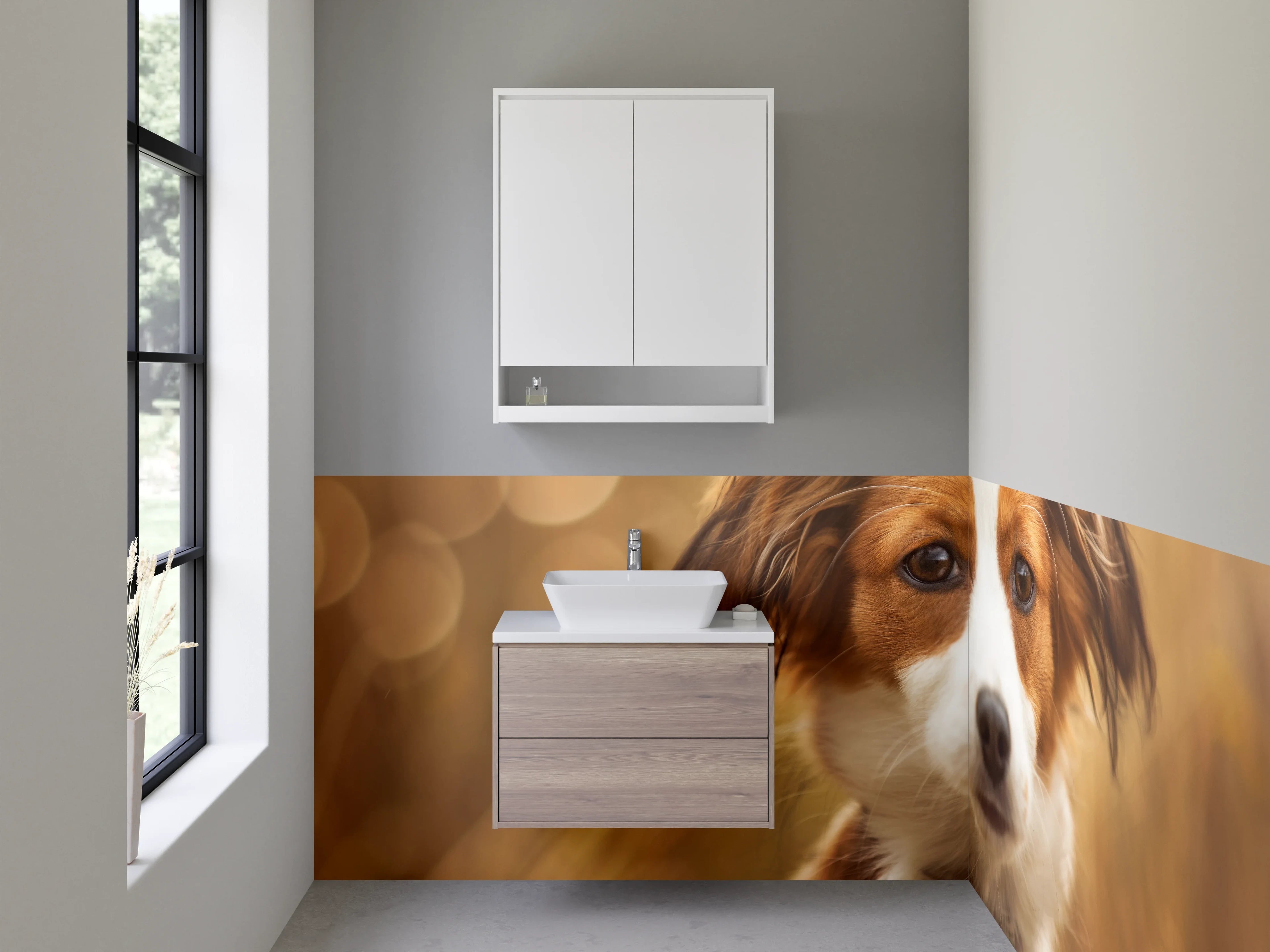 Waschbecken-Rückwand - Porträt eines süßen braun-weißen Hundes