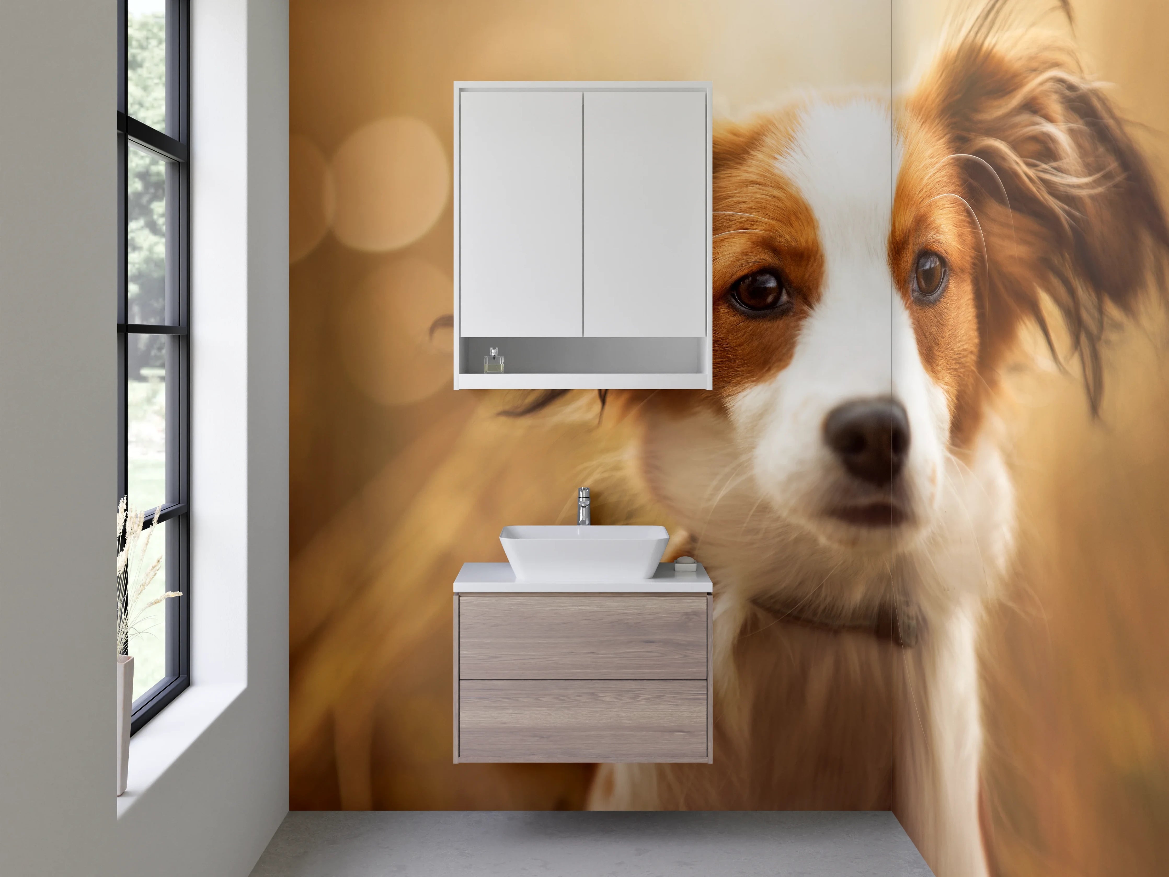 Waschbecken-Rückwand - Porträt eines süßen braun-weißen Hundes