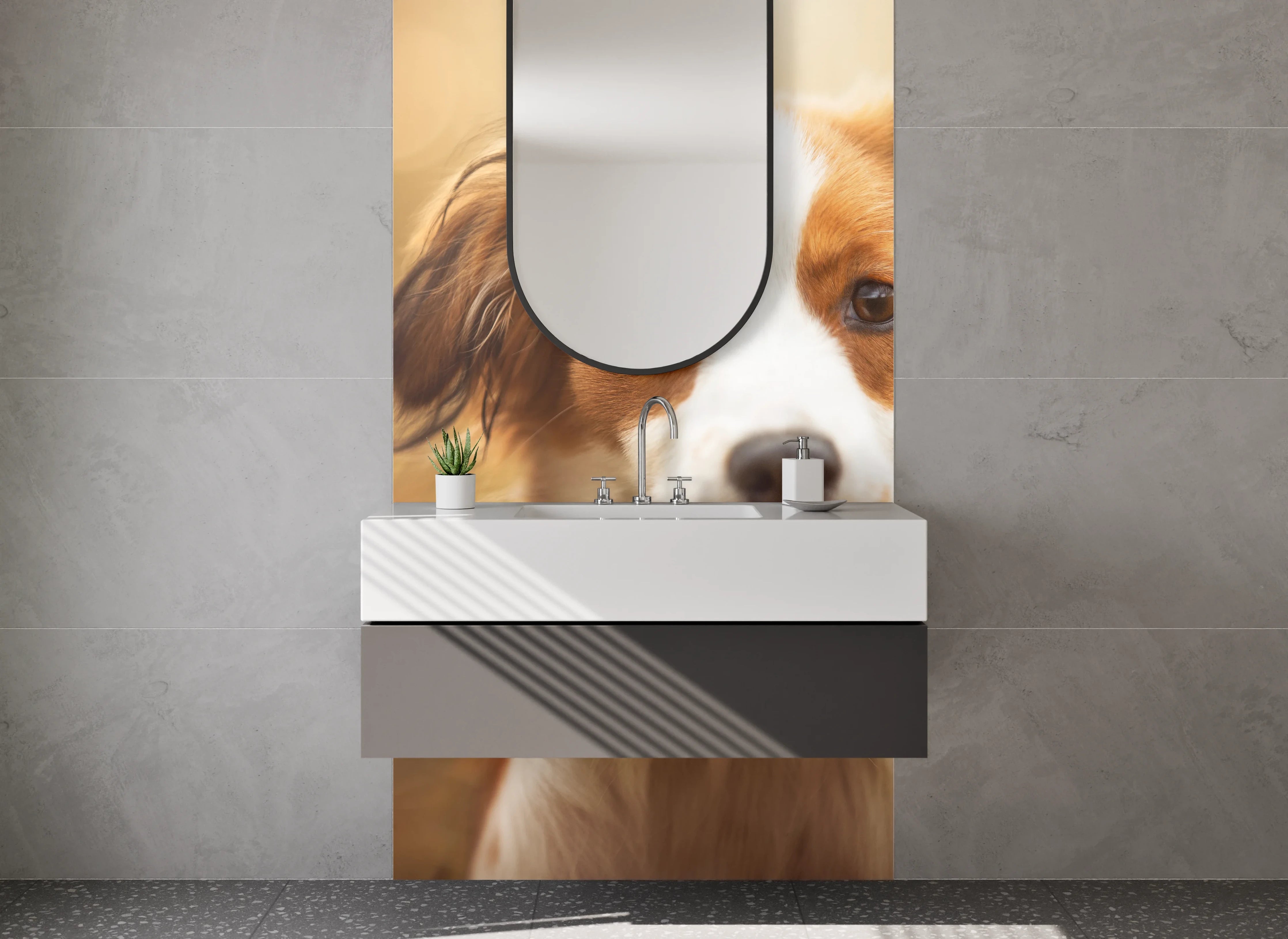 Waschbecken-Rückwand - Porträt eines süßen braun-weißen Hundes