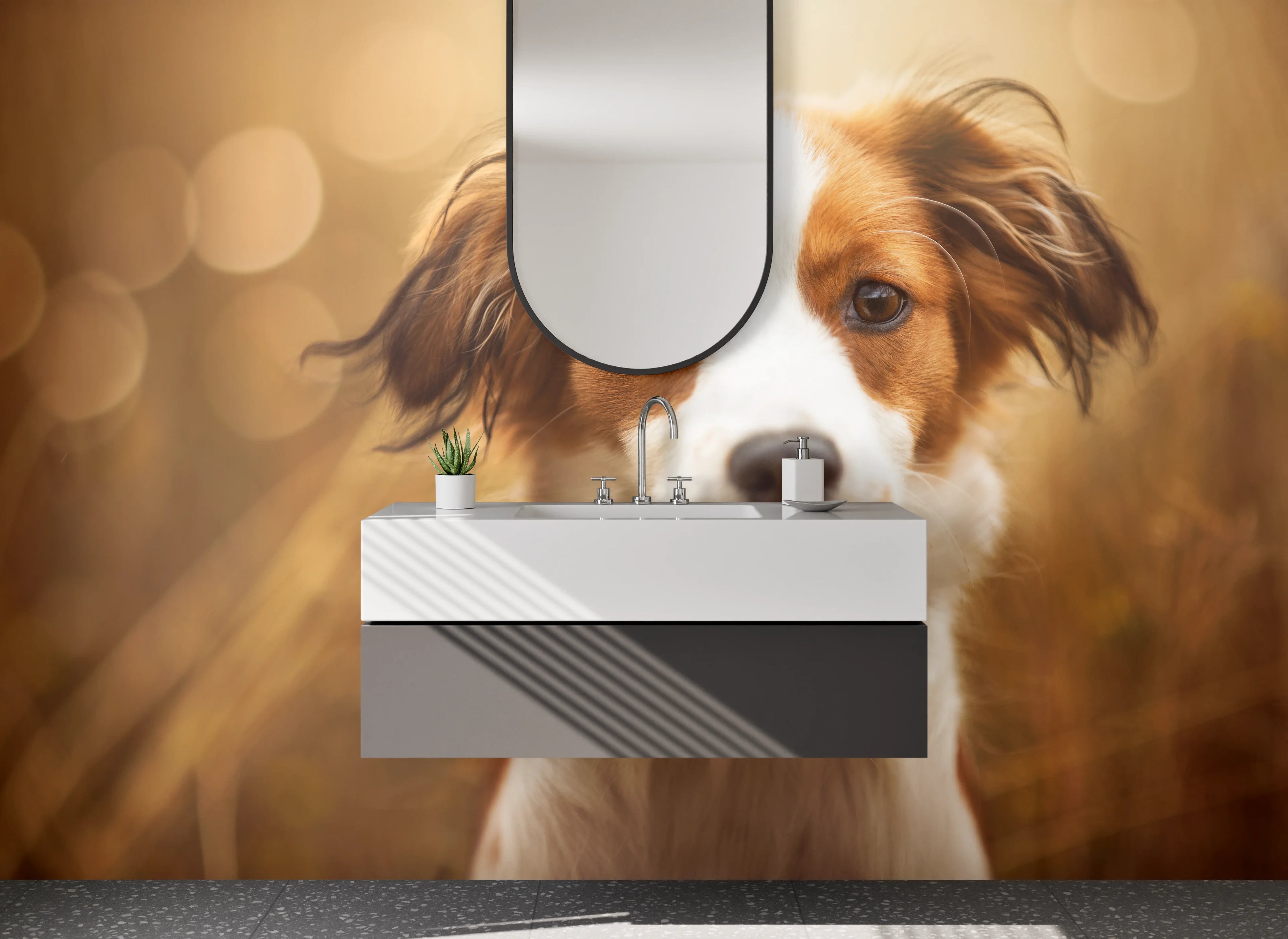 Waschbecken-Rückwand - Porträt eines süßen braun-weißen Hundes