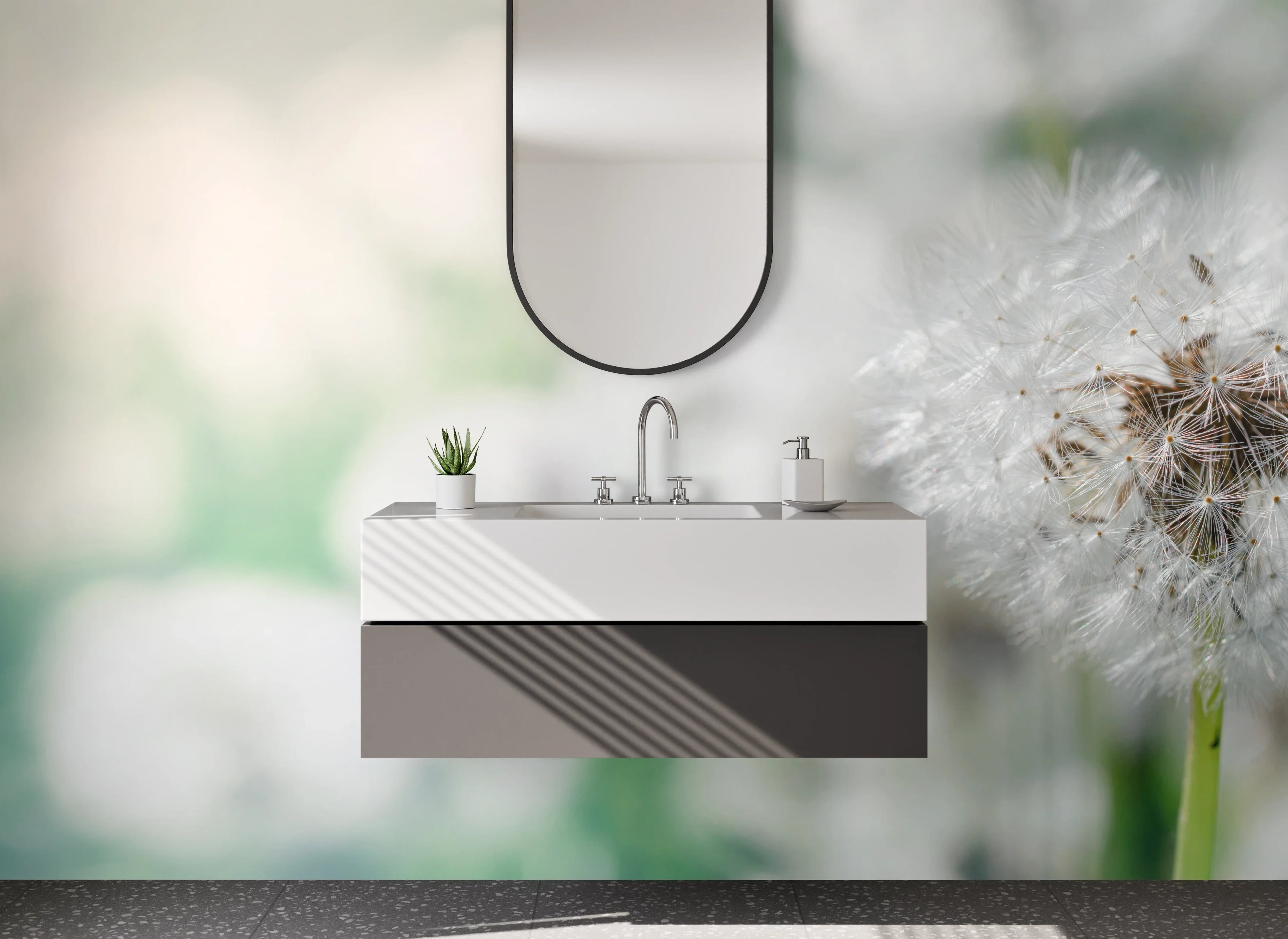 Waschbecken-Rückwand - Pusteblume Makro auf weiß-grün