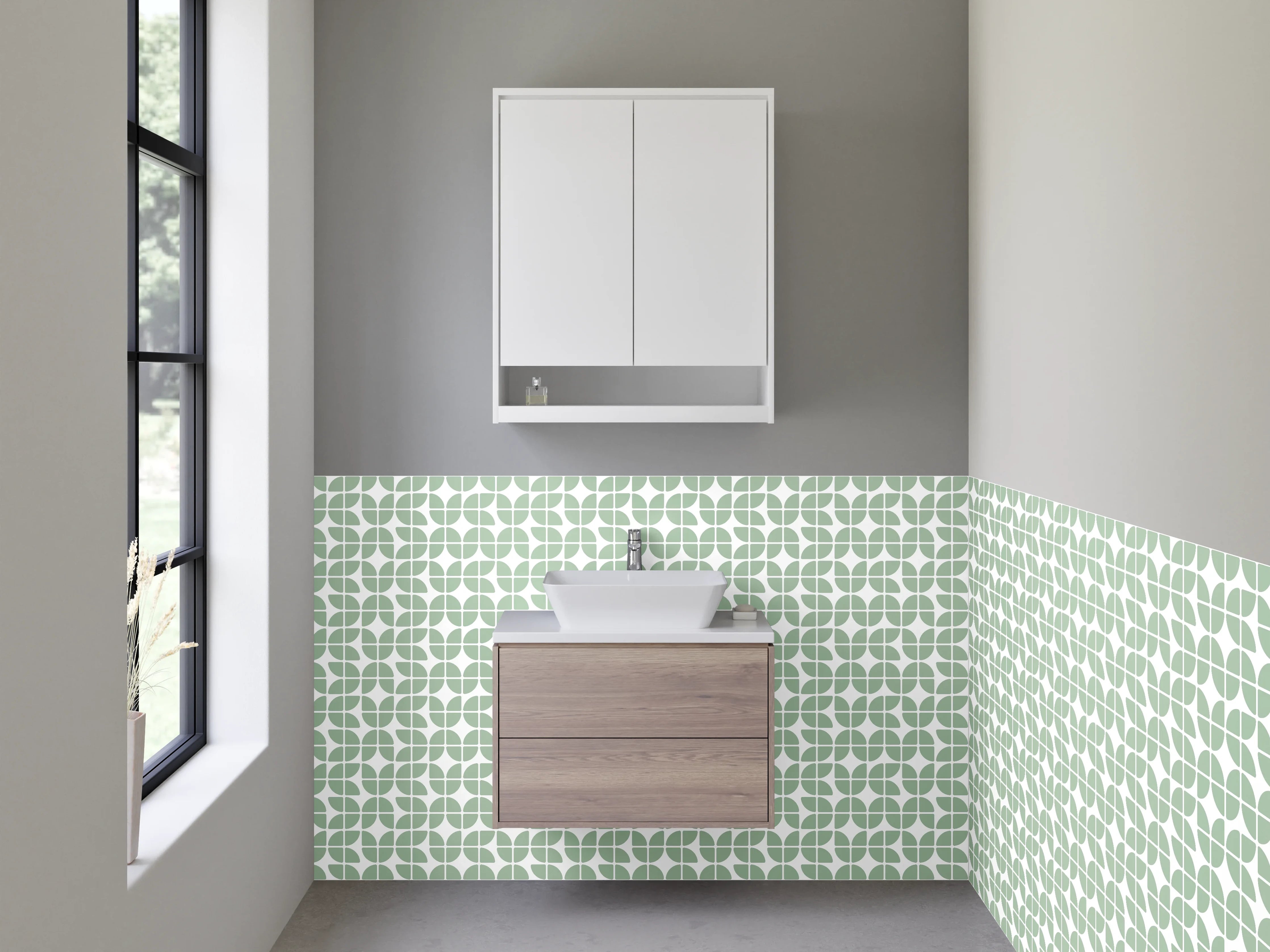 Waschbecken-Rückwand - Retro Blättermuster Mintgrün Weiß